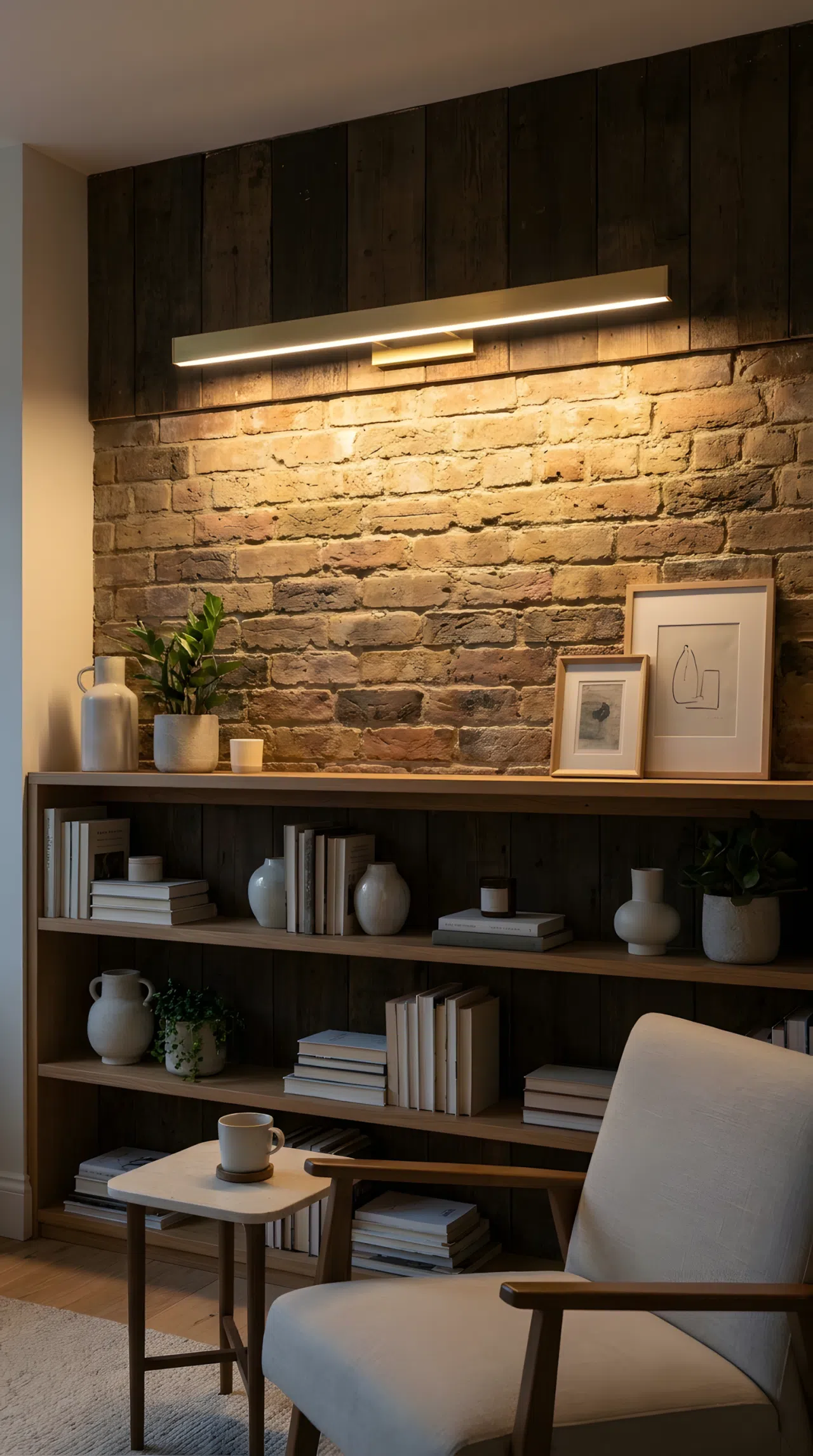 Real-life photography of a slim light fixture placed close to a textured brick or paneled accent wall, light grazing across the surface at a low angle to reveal texture, shelves neatly made and beautifully arranged, organized clean space, realistic home photography.