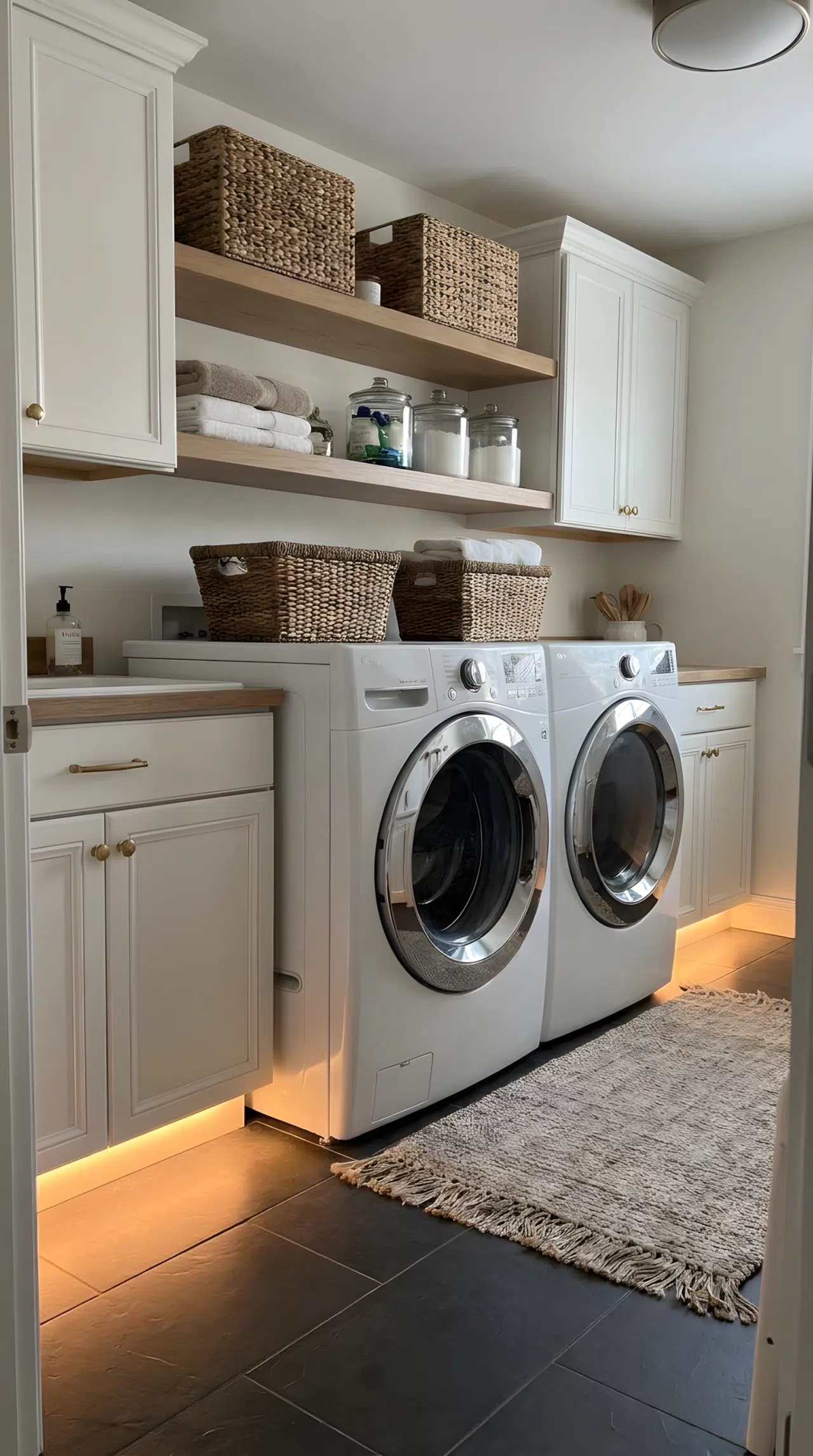 Real-life photography of a thin light strip tucked beneath cabinet toe kicks in a laundry room, casting a low grounded glow near the floor, storage neatly made and beautifully arranged, organized clean space, realistic home photography.