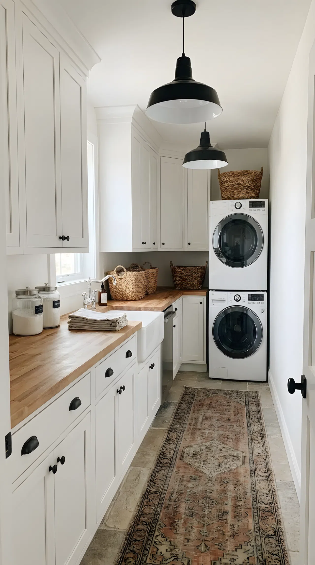 Real-life photography of a narrow galley style laundry room with two matching pendant lights spaced evenly along the counter run, surfaces neatly made and beautifully arranged, organized clean styling, realistic home photography.
