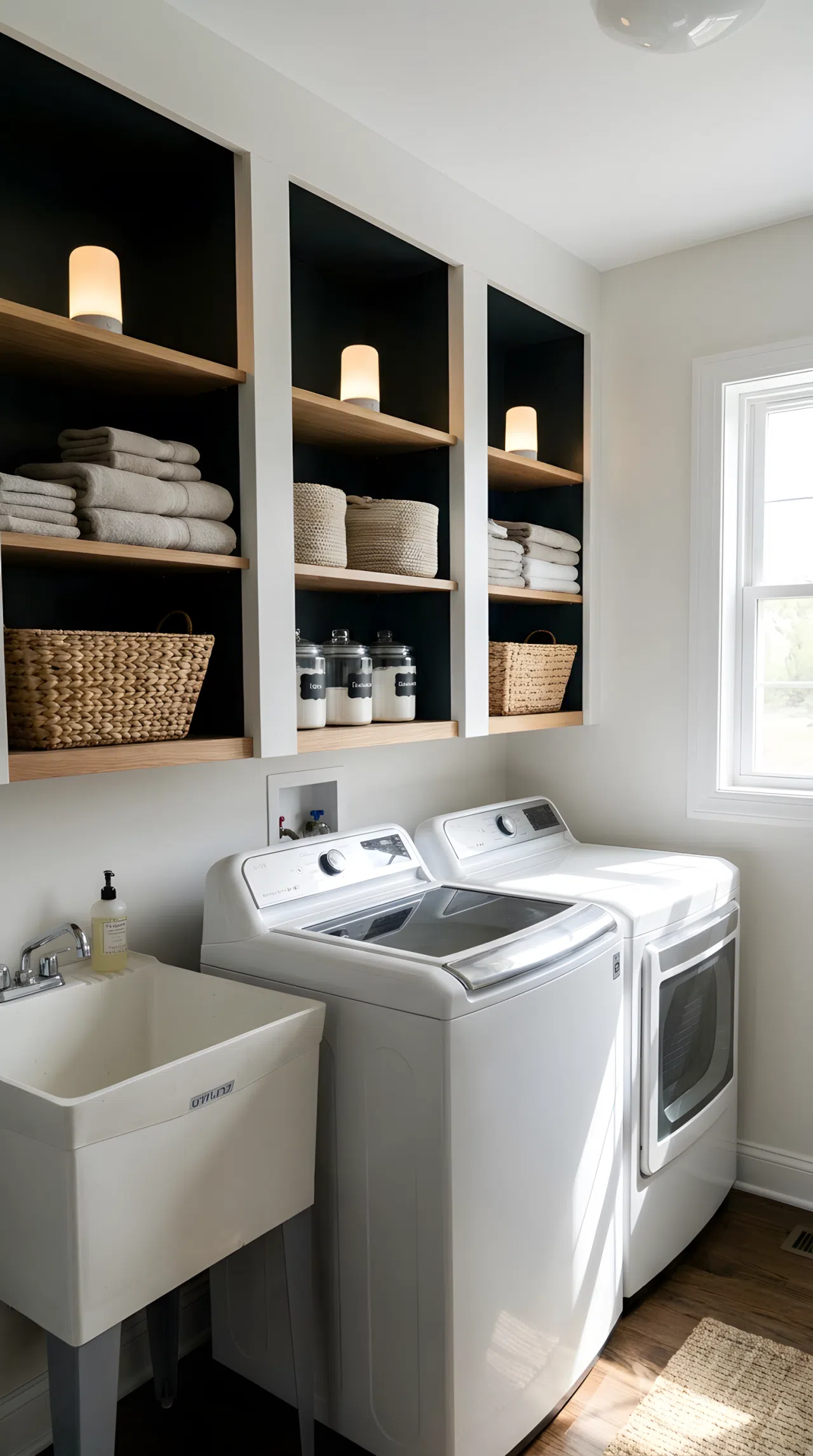 Real-life photography of a laundry room with small fixtures placed in each of the three darkest corners, eliminating every shadow pocket, shelves neatly made and beautifully arranged, organized clean space, realistic home photography.