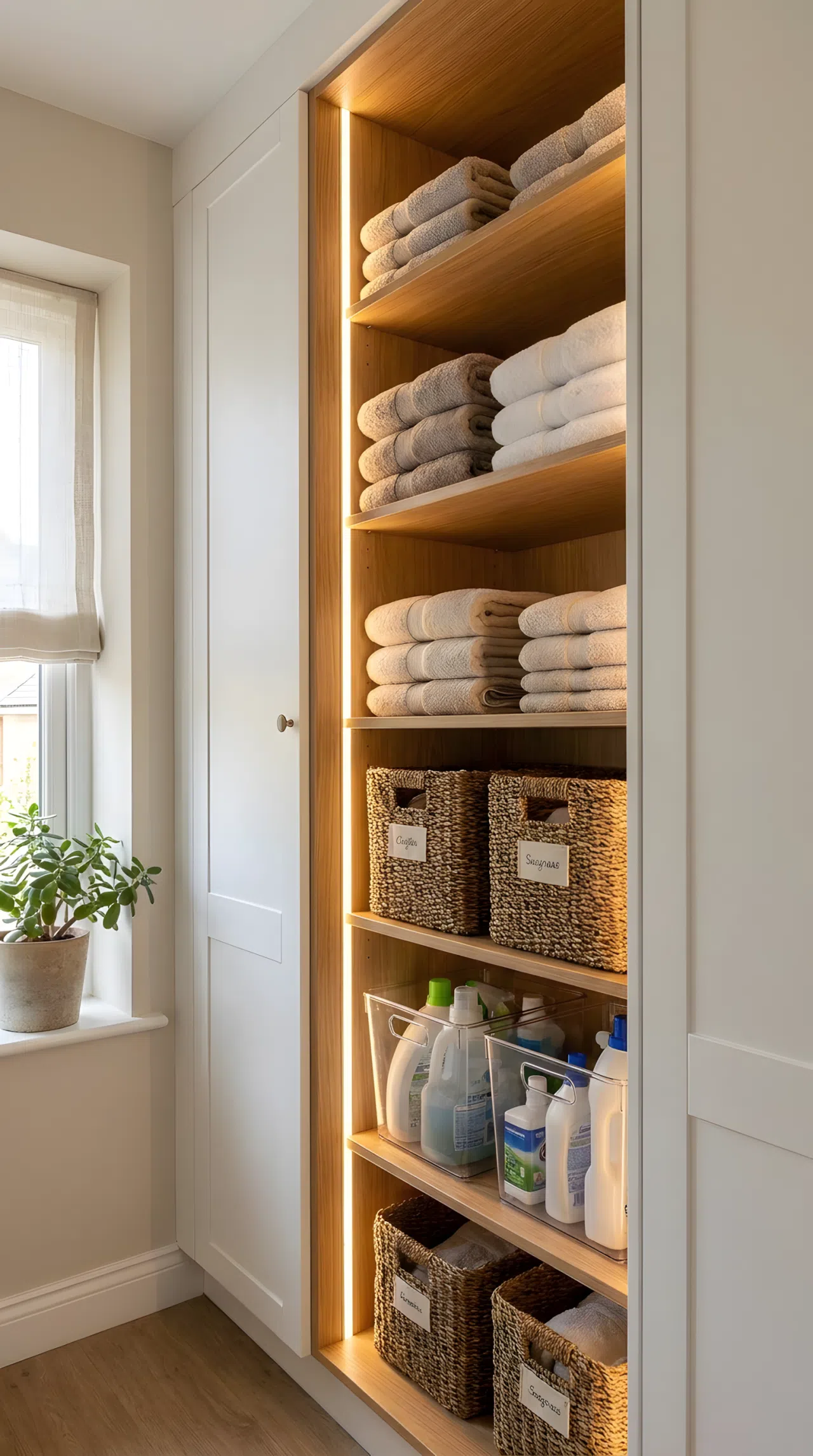 Real-life photography of a slim vertical light strip running along the edge of a tall laundry storage cabinet, drawing the eye upward, bins and baskets neatly made and beautifully arranged, organized clean styling, realistic home photography.