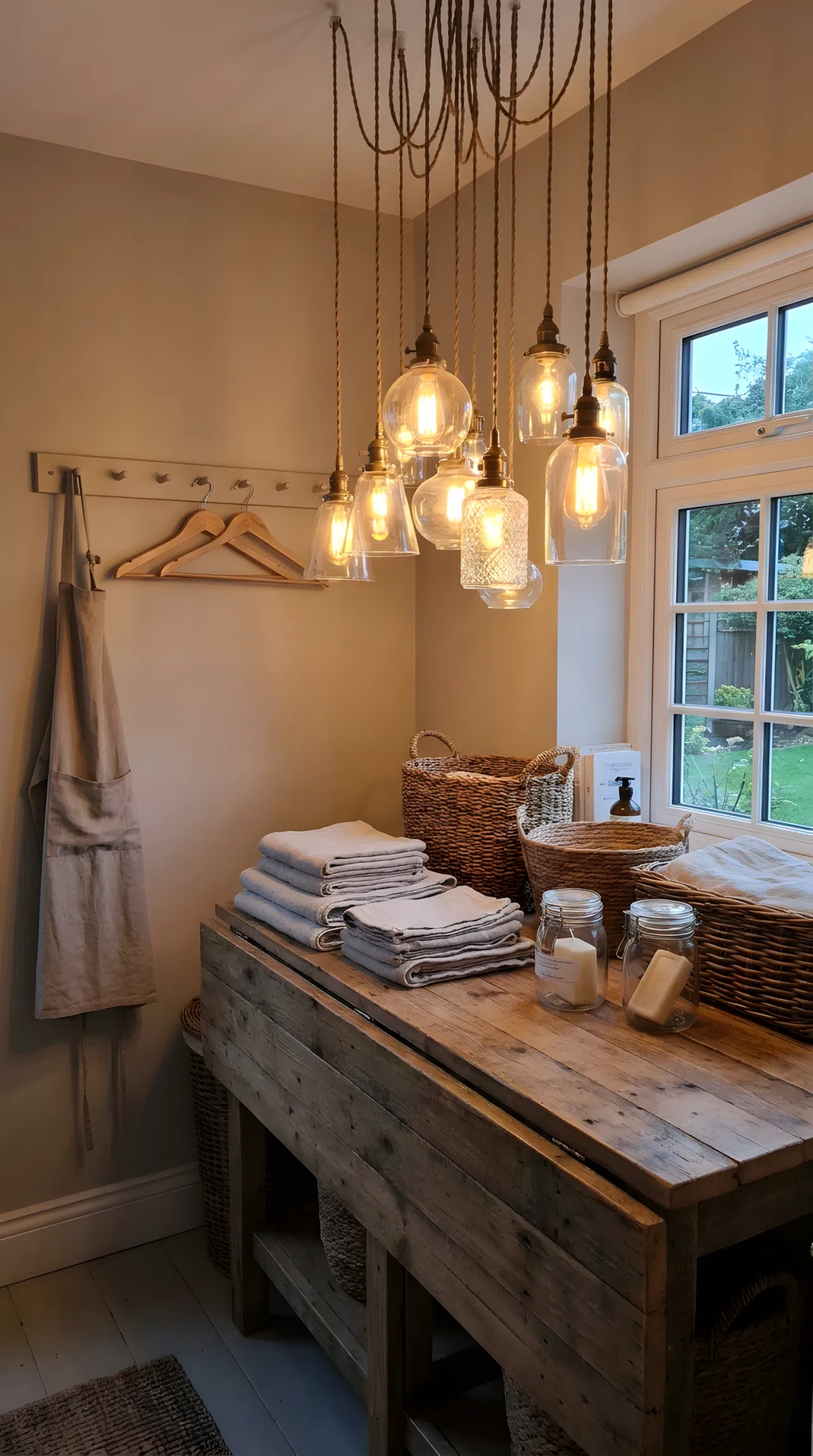 Real-life photography of a cluster of small pendant lights hung lower than standard height above a laundry folding area, creating an intimate glowing pocket of light, surfaces neatly made and beautifully arranged, organized clean space, realistic home photography.