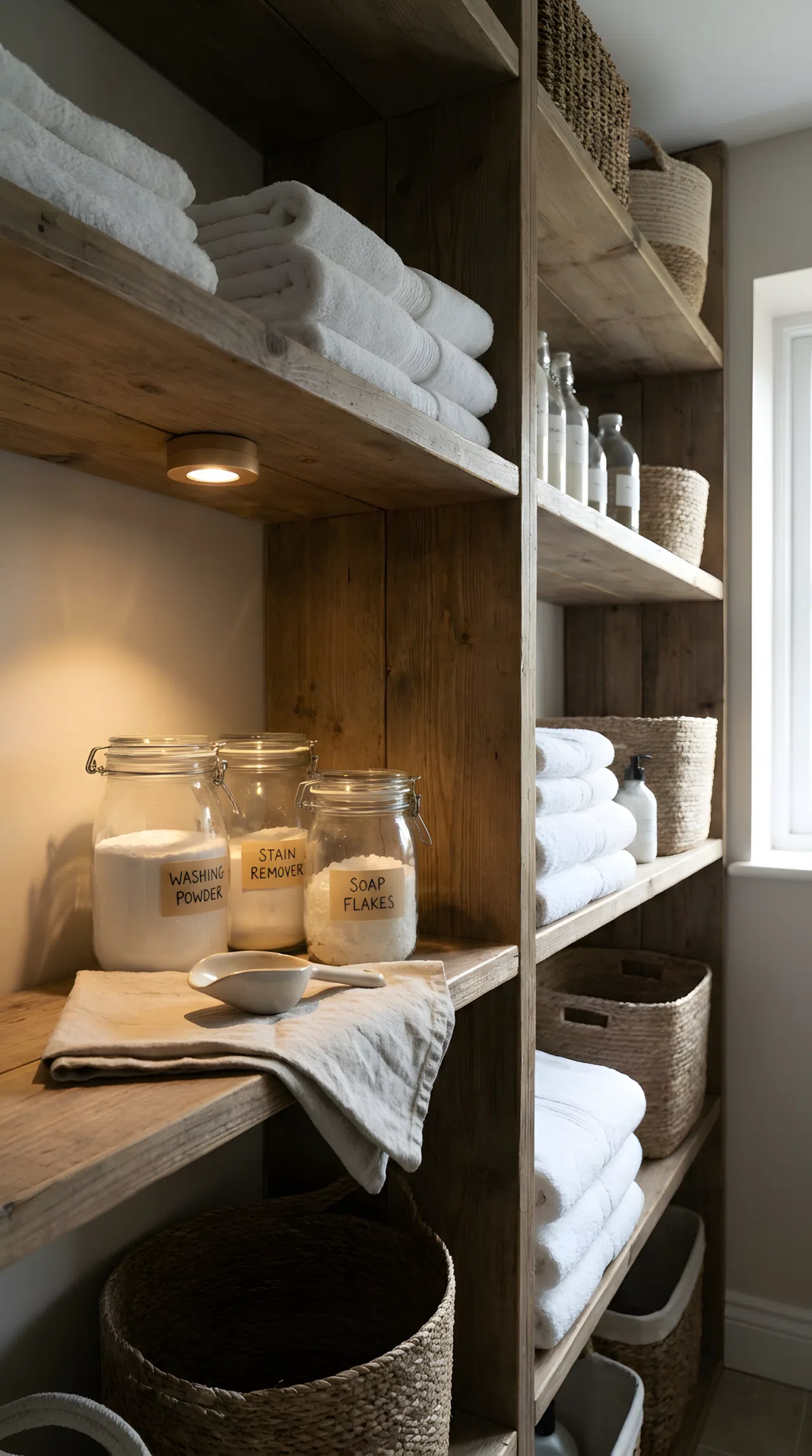 Real-life photography of open laundry shelving with one small directional light highlighting a single curated styling moment, a labeled jar trio, rest of shelf neatly made and beautifully arranged, organized clean look, realistic home photography