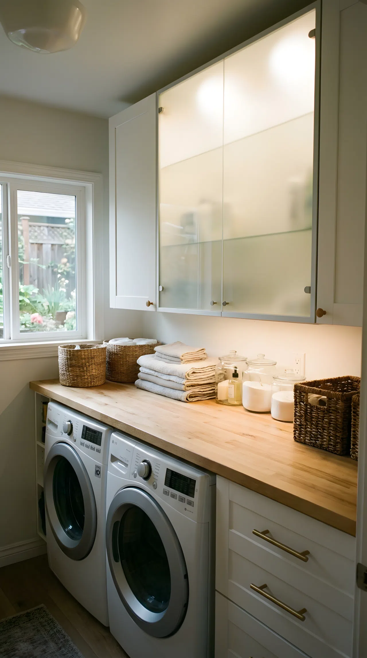 Real-life photography of a laundry room with a light source placed behind a frosted glass cabinet door, diffusing an even soft glow across the room, surfaces neatly made and beautifully arranged, organized clean space, realistic home photography.