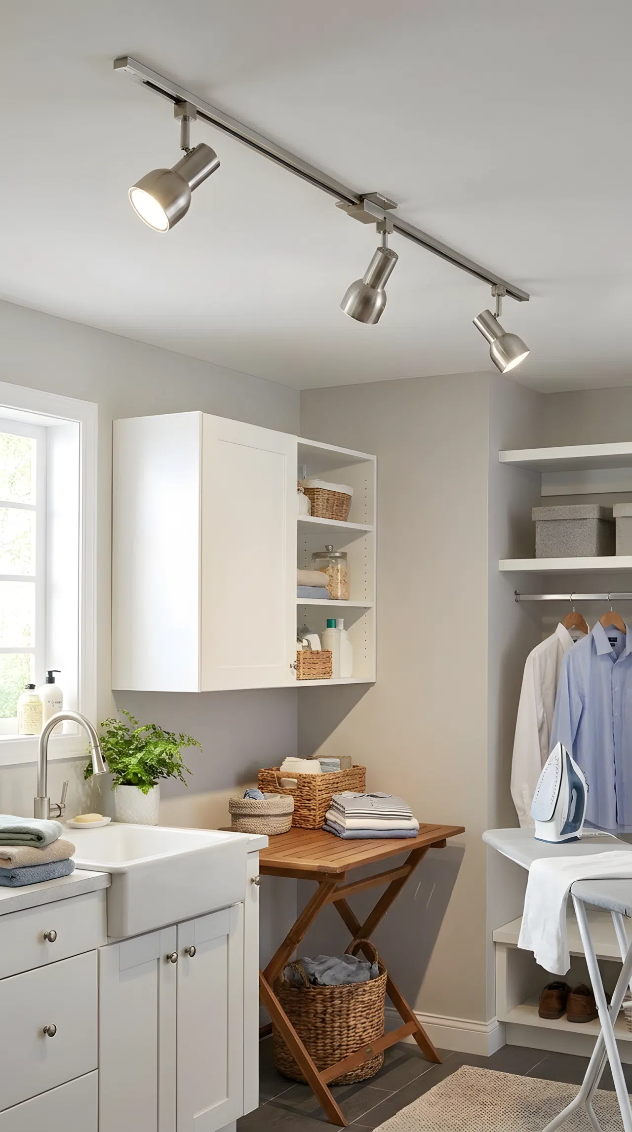 Real-life photography of an adjustable track lighting system in a laundry room, with heads angled toward the sink, folding table, and ironing station separately, surfaces neatly made and beautifully arranged, organized clean space, realistic home photography.