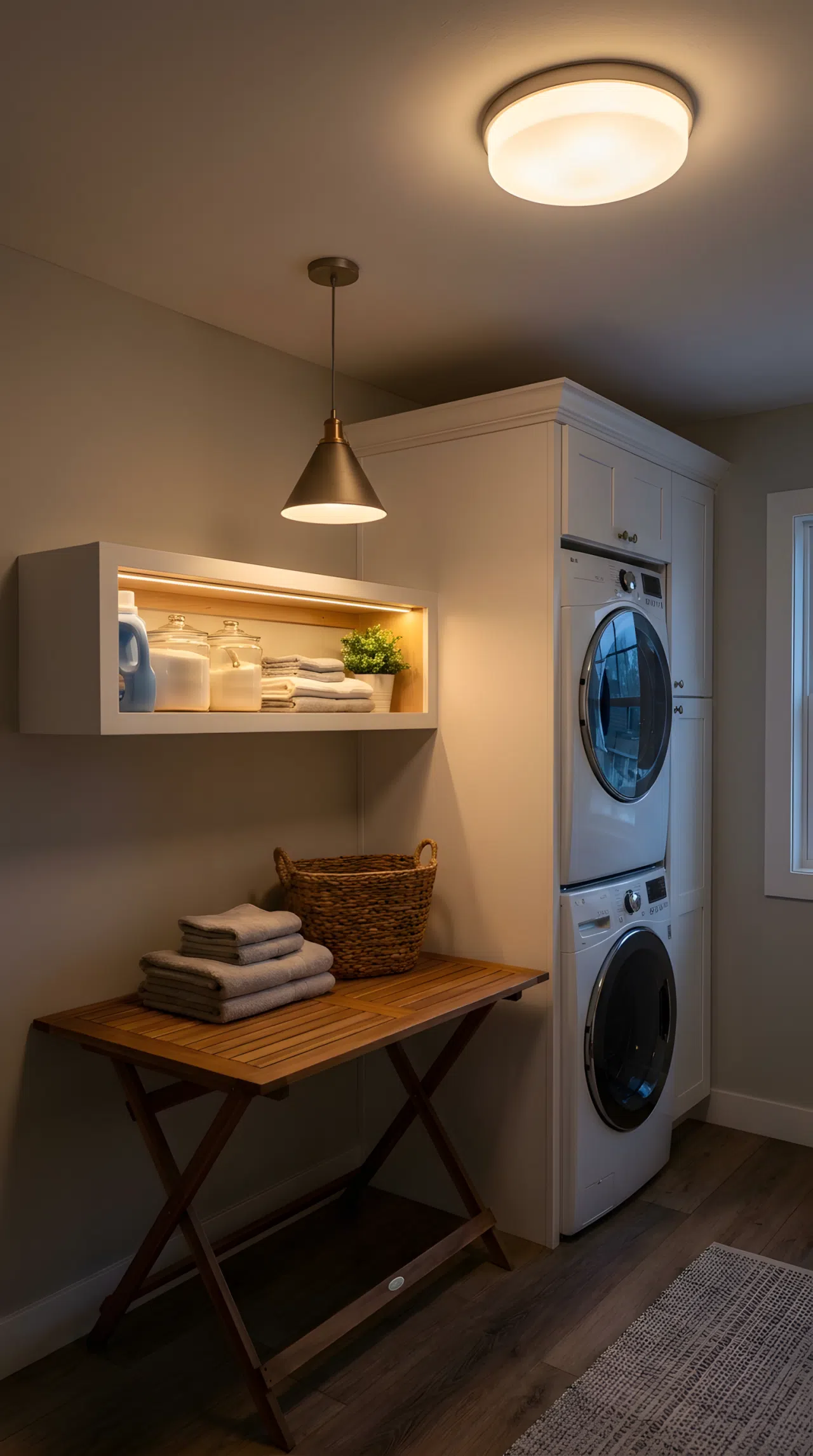 Real-life photography of a laundry room showing three light layers together, a general ambient ceiling glow, a focused task light over the folding table, and an accent light on an open shelf, surfaces neatly made and beautifully arranged, organized clean styling, realistic home photography.