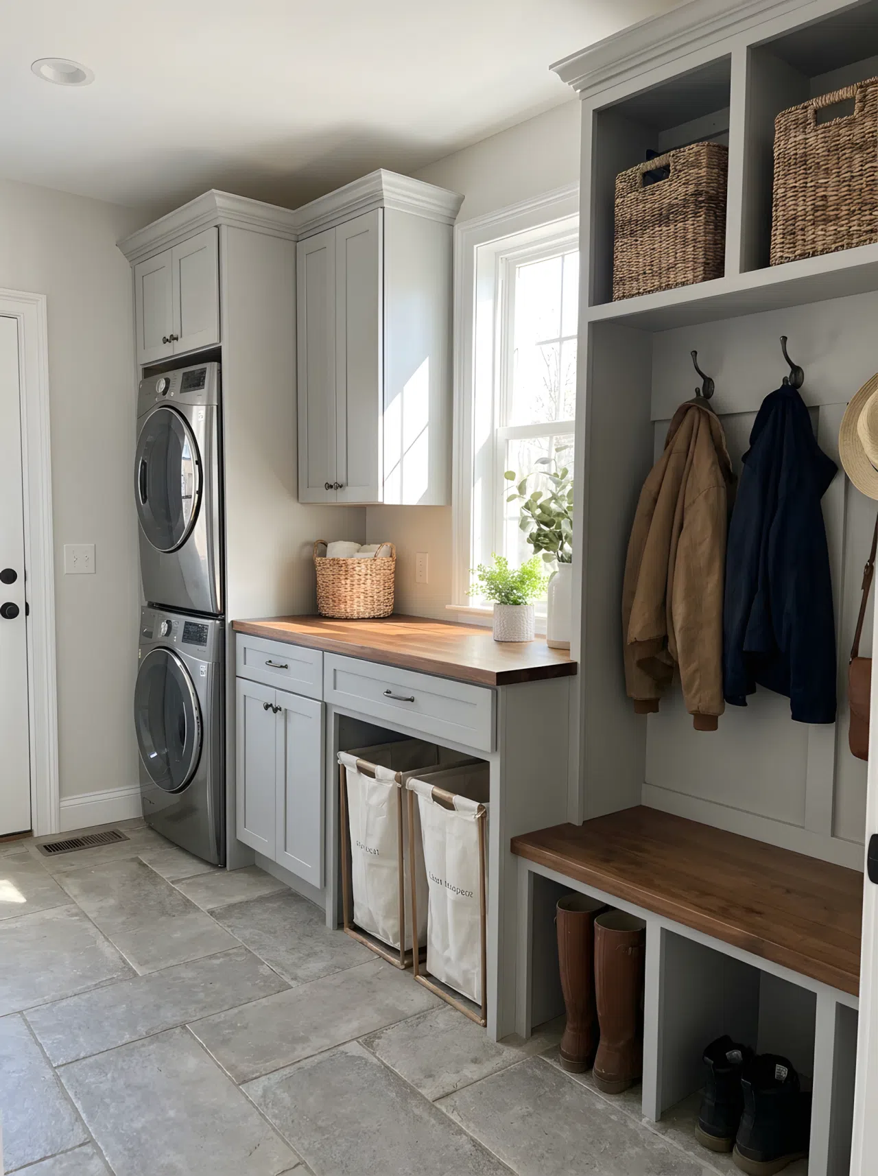 Realistic photograph of one blended mudroom-laundry room in a single wide frame, showing soft gray shaker cabinets around a washer and dryer flowing directly into a built-in bench with coat hooks on the same wall, connected by one warm wood countertop. Neatly made, beautifully arranged, organized, clean space with bright natural light. Real-life home setting, authentic stock photo style, no illustration or 3D render.