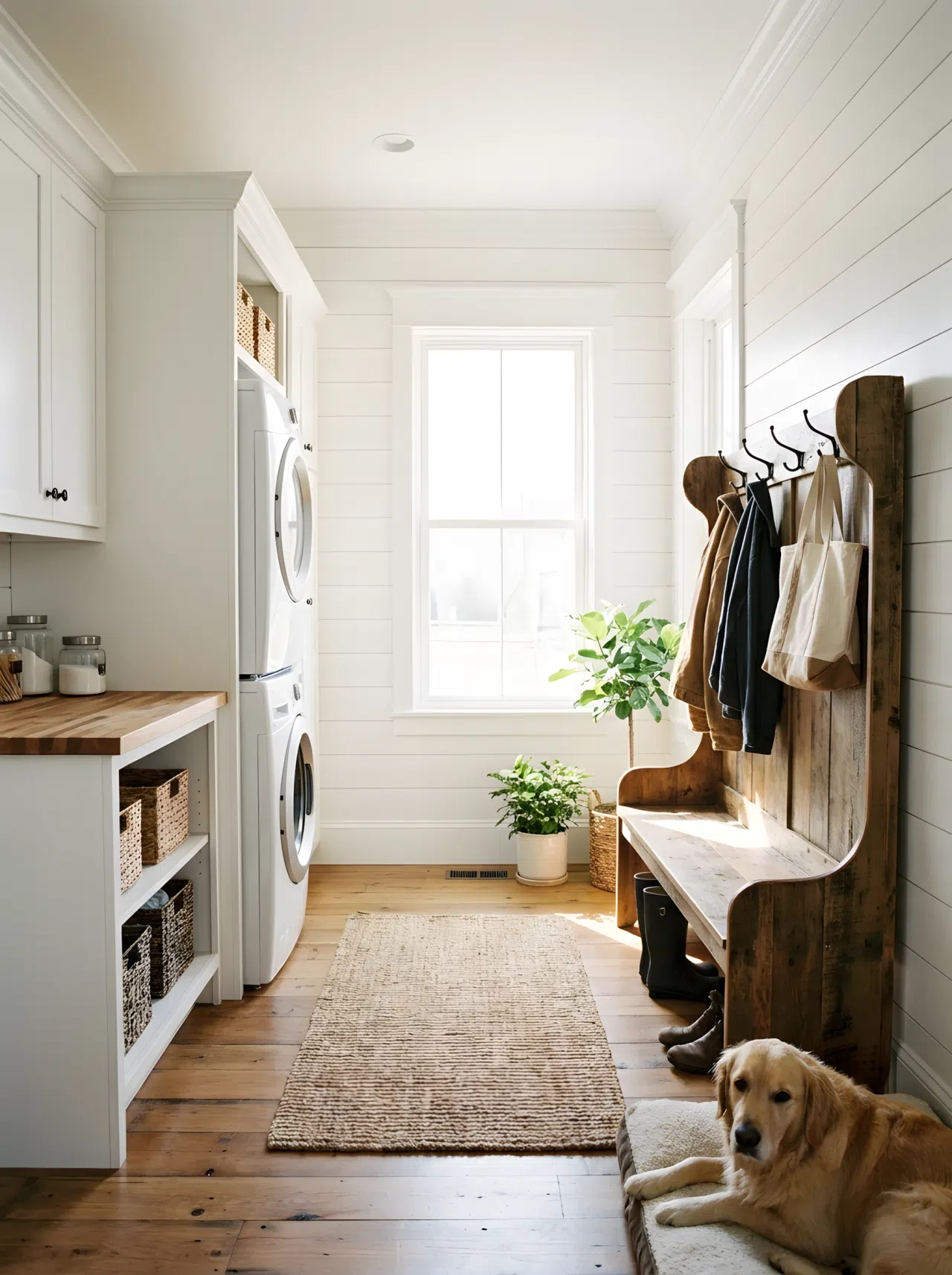 Realistic photograph of a bright farmhouse mudroom-laundry combo in one frame, white shiplap walls behind a stacked washer-dryer on one side and a bench with black hooks on the other, same wall, same flooring, same trim. Organized, clean, beautifully arranged room with bright natural light pouring in. Real-life stock photography style, no illustration or 3D render.