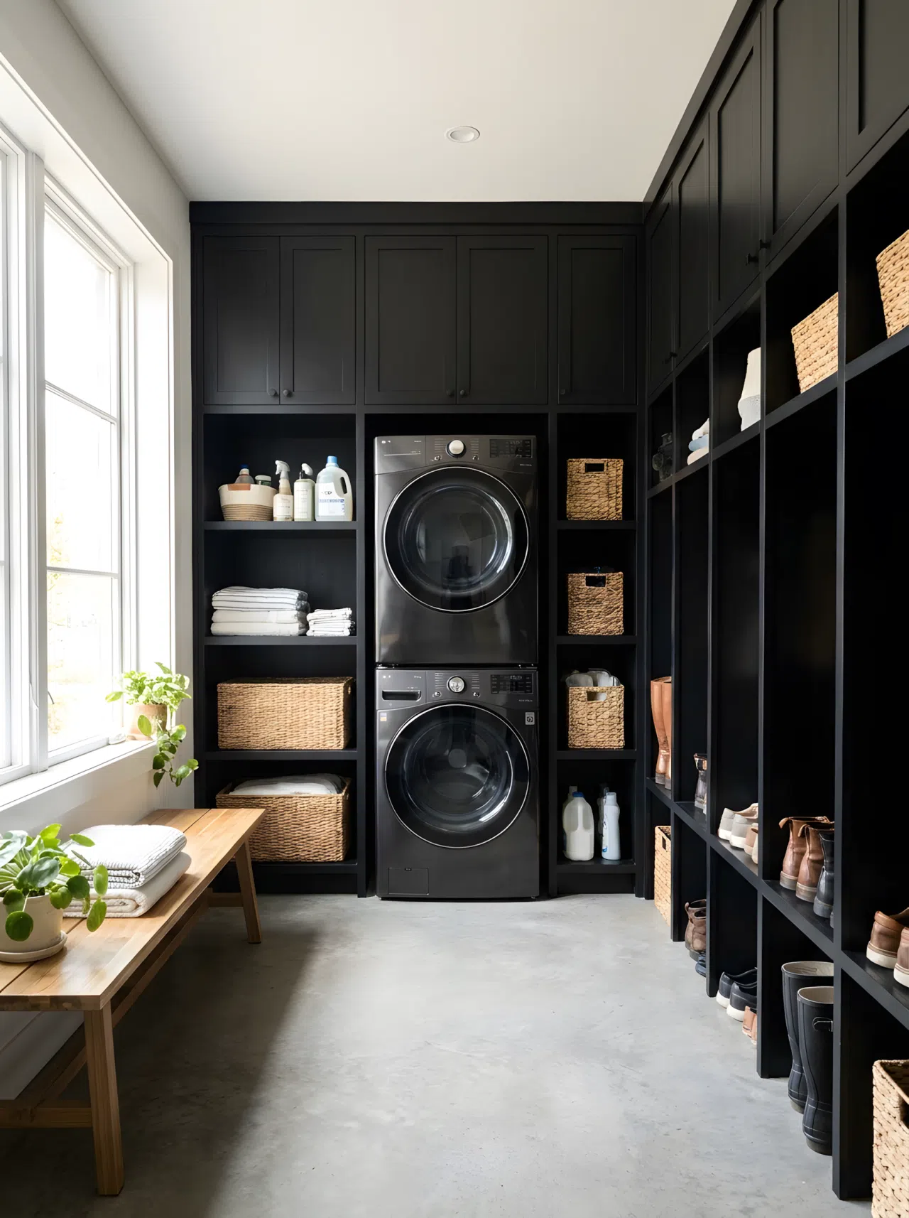 Realistic photograph of a single room combining floor-to-ceiling black cabinetry around a front-load washer and dryer with matching open shoe cubbies built into the very same cabinet run, all in one continuous frame. Clean, organized, beautifully arranged space with bright natural light. Authentic real-life stock photo look, no illustration or 3D render.
