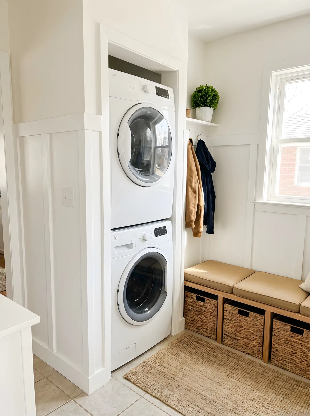 Realistic photograph of a small blended mudroom-laundry nook in one frame, stacked washer and dryer tucked beside a cushioned bench with pull-out baskets, both framed by the same paneled wainscoting wall. Neatly organized, clean, beautifully arranged compact space with bright natural light. Real-life stock photography, no illustration or 3D render.