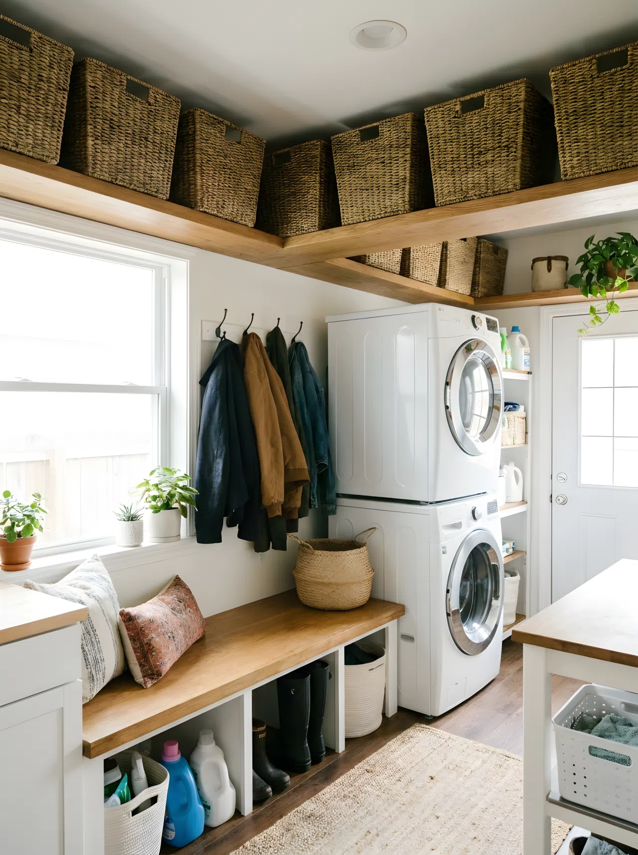 Realistic photograph of one continuous room with open wood shelving spanning above both a washer-dryer unit and an entry bench below it, matching baskets lined up across the whole shelf. Clean, organized, beautifully arranged combined space with bright natural light. Authentic real-life stock photo style, no illustration or 3D render.