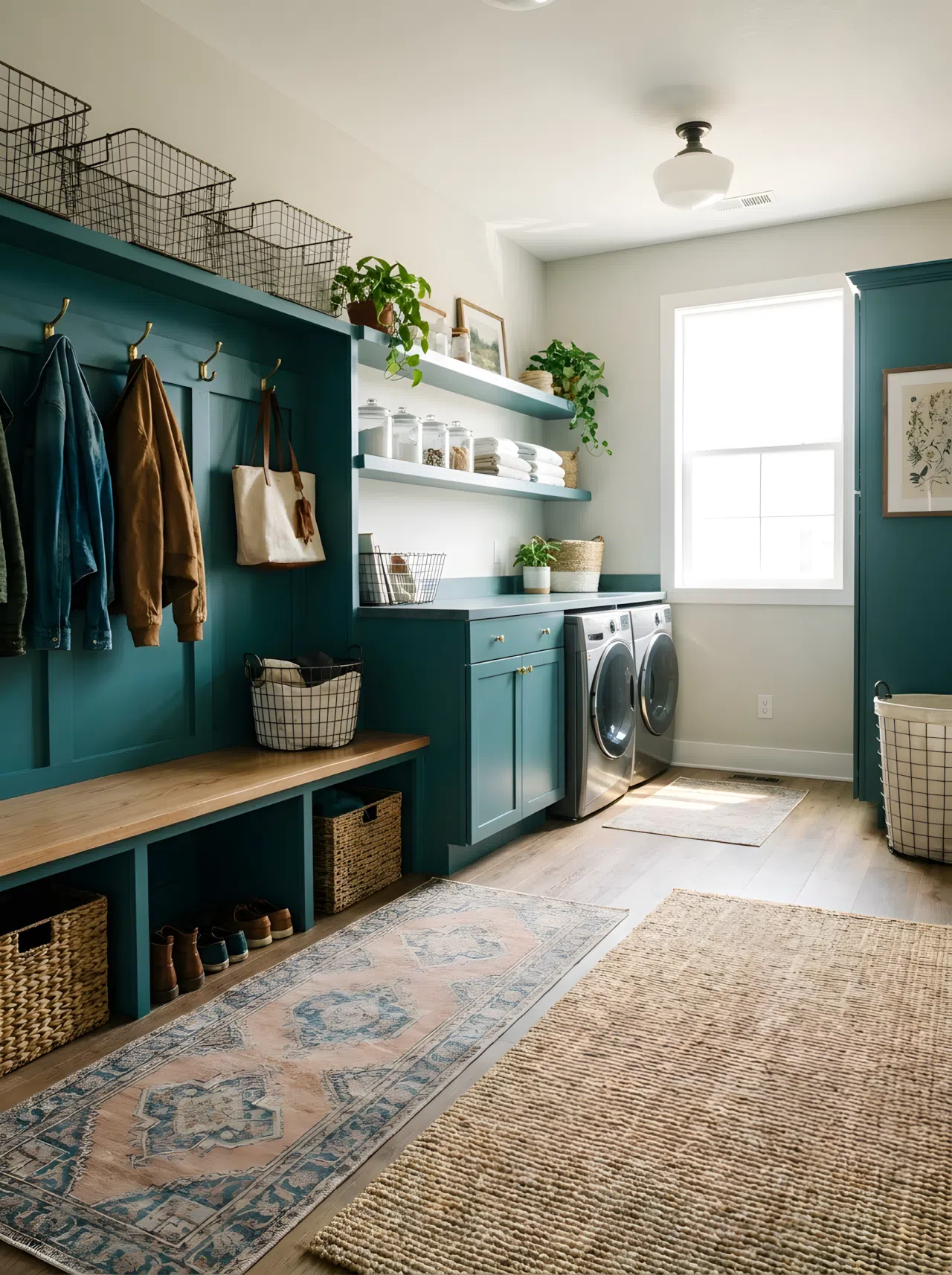 Realistic photograph of a teal-themed mudroom-laundry combo shown in one frame, teal built-in bench with hooks flush against teal lower cabinets hiding the washer and dryer on the same wall. Organized, clean, beautifully arranged room with bright natural light. Real-life home stock photography, no illustration or 3D render.