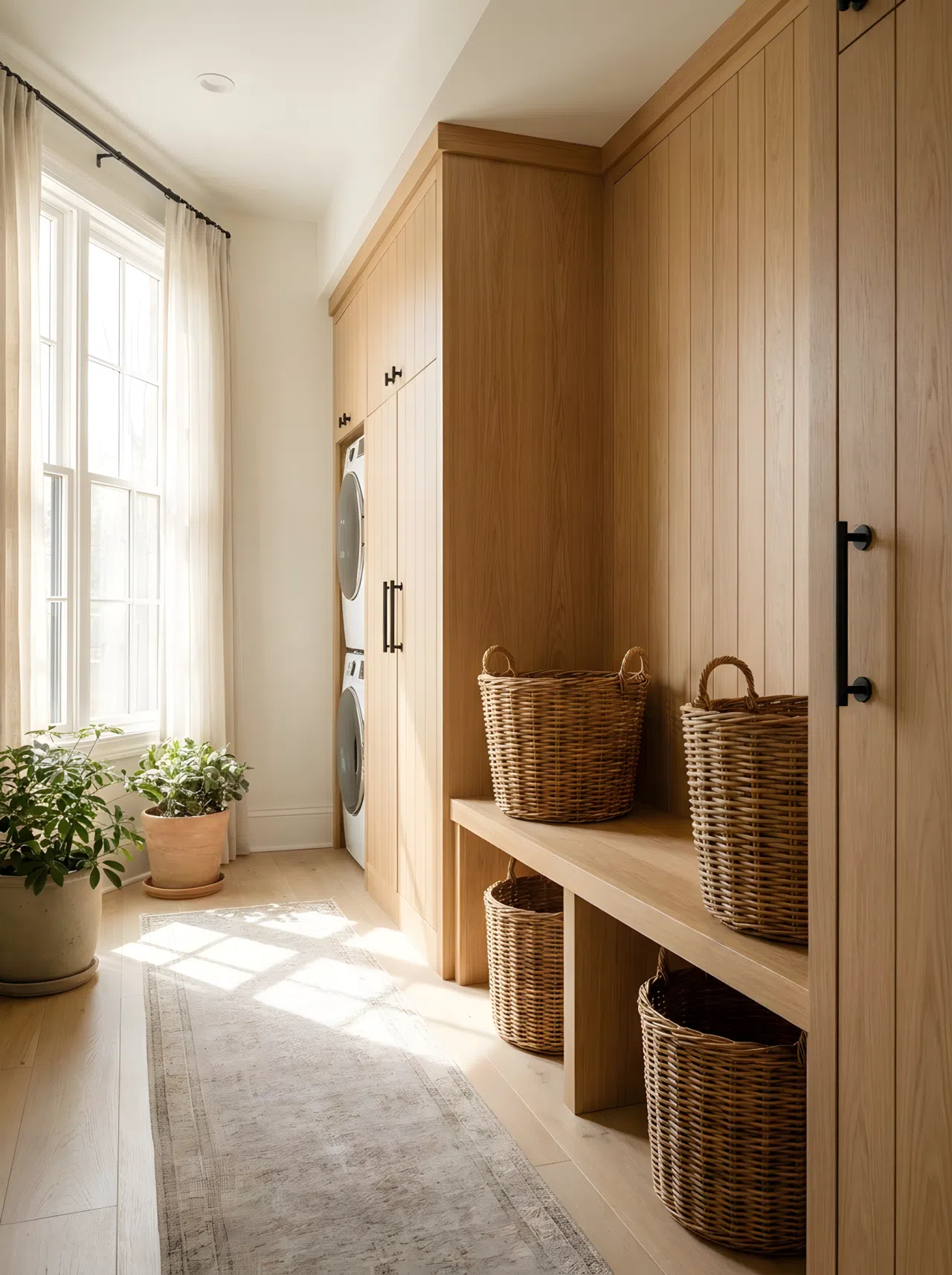 Realistic photograph of one room where a wood bench with woven baskets sits directly beside matching cabinetry that fully conceals a washer and dryer, same doors and hardware throughout, shown together in a single wide frame. Clean, organized, beautifully arranged space with bright natural light. No illustration or 3D render, authentic stock photo style.