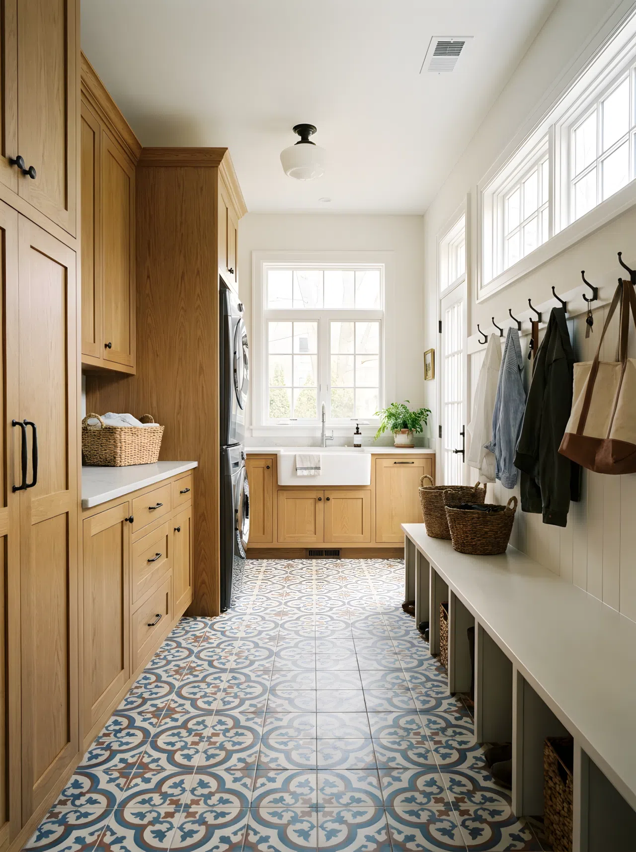 Realistic photograph of a mudroom-laundry combo in one frame with bold patterned tile flooring running seamlessly from beneath a washer-dryer cabinet straight under an entry bench and hooks nearby. Organized, clean, beautifully arranged unified space with bright natural light. Real-life stock photography style, no illustration or 3D render.
