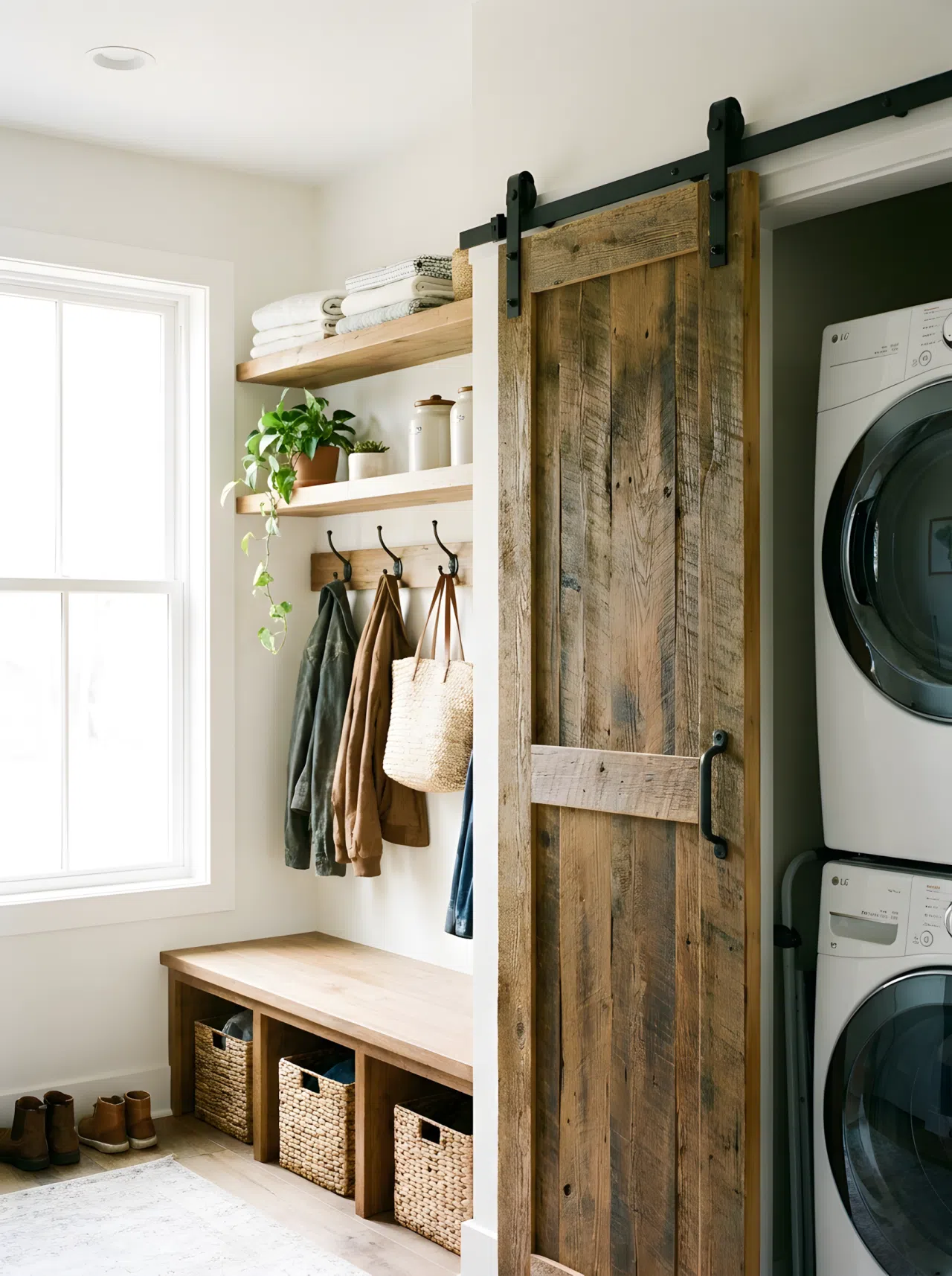 Realistic photograph of one room showing a sliding wood barn door partially open, revealing a washer and dryer behind it while a bench, hooks, and open shelving sit in view on the same wall in the same frame. Clean, organized, beautifully arranged space with bright natural light. Authentic real-life stock photo, no illustration or 3D render.