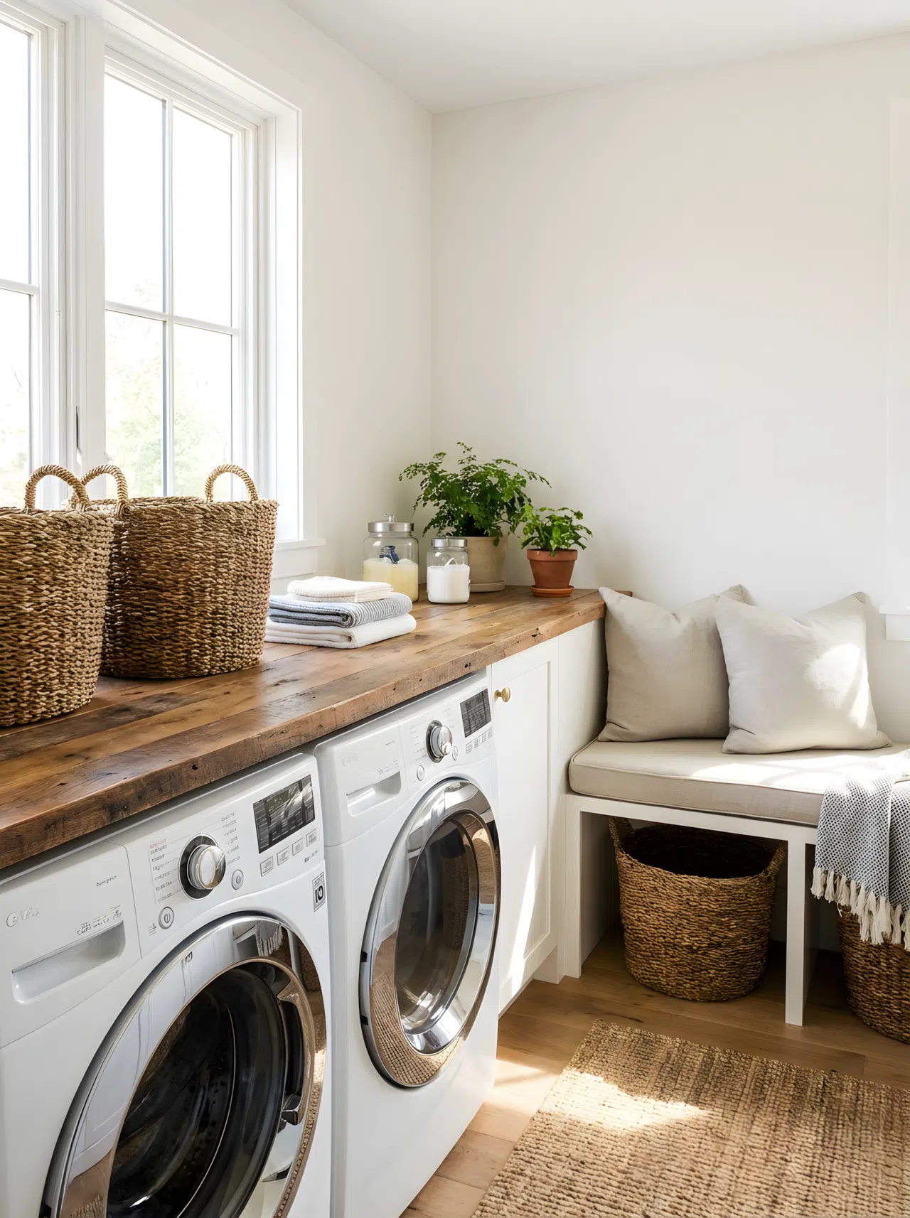Realistic photograph of a single frame showing a thick rustic wood countertop spanning directly above a washer and dryer and continuing into a built-in bench nook on the same wall, woven baskets at both ends. Clean, organized, beautifully arranged space with bright natural light. Real-life stock photography, no illustration or 3D render.