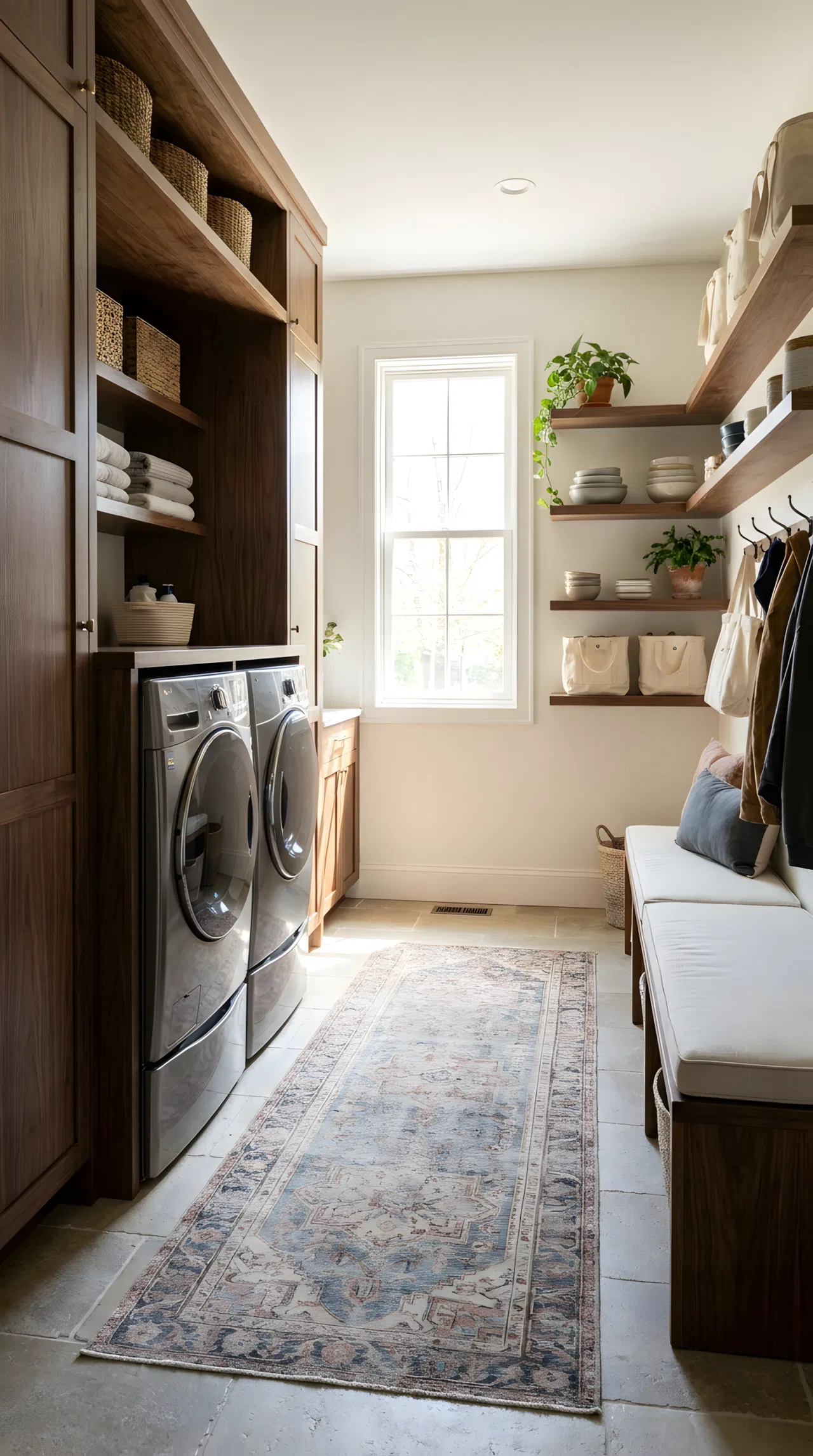 Realistic photograph of one room combining dark wood cabinetry around a washer and dryer with open shelving and a bench on the adjacent wall, one patterned rug running across the floor connecting both, shown together in a single frame. Clean, organized, beautifully arranged space with bright natural light. Authentic real-life stock photo, no illustration or 3D render.