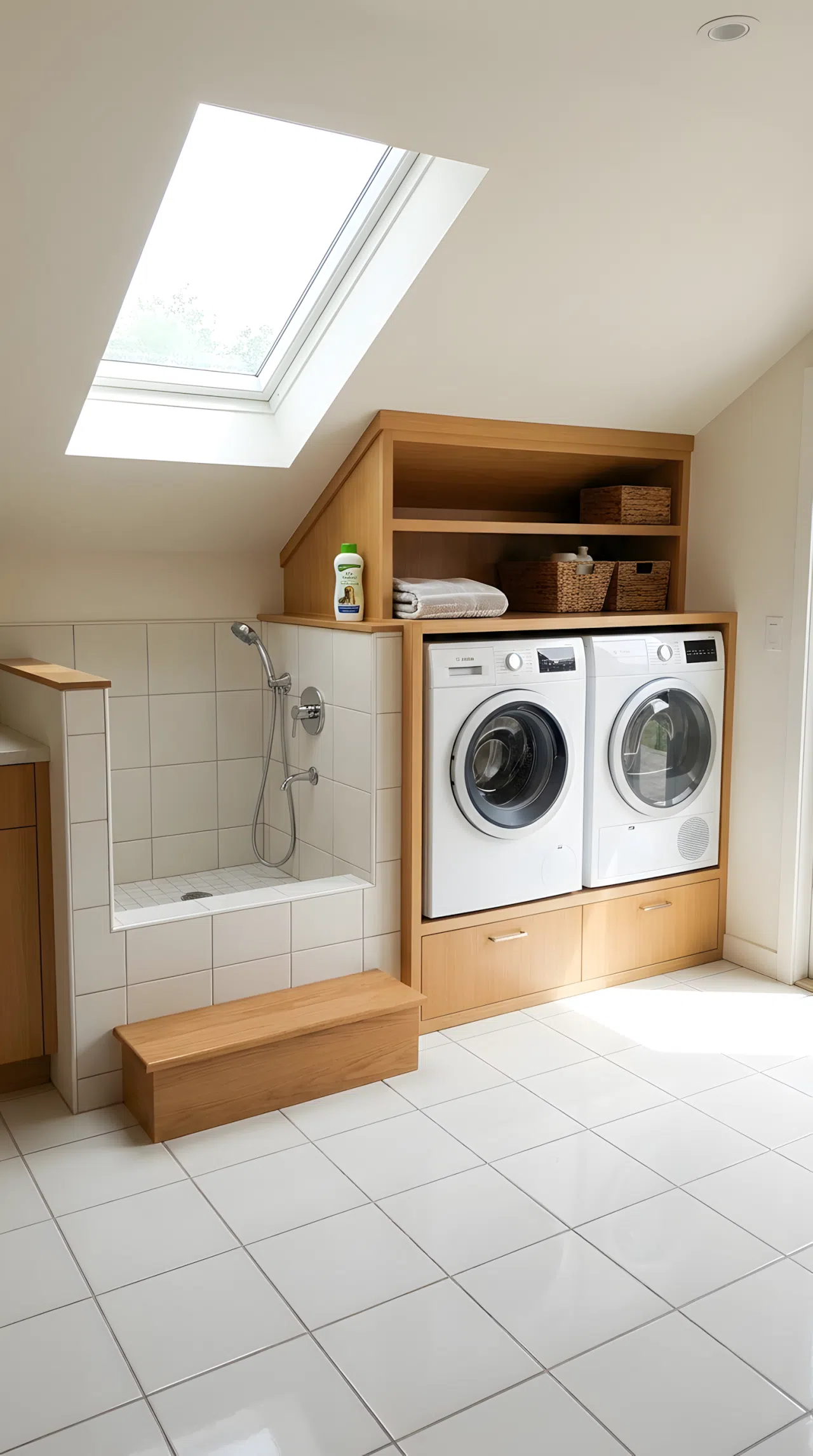 Realistic photograph of one room under a skylight showing a built-in dog wash station beside washer-dryer cabinetry, white tile flooring running underneath both features without a break, captured together in the same frame. Clean, organized, beautifully arranged space with bright natural light streaming down. Real-life stock photography, no illustration or 3D render.