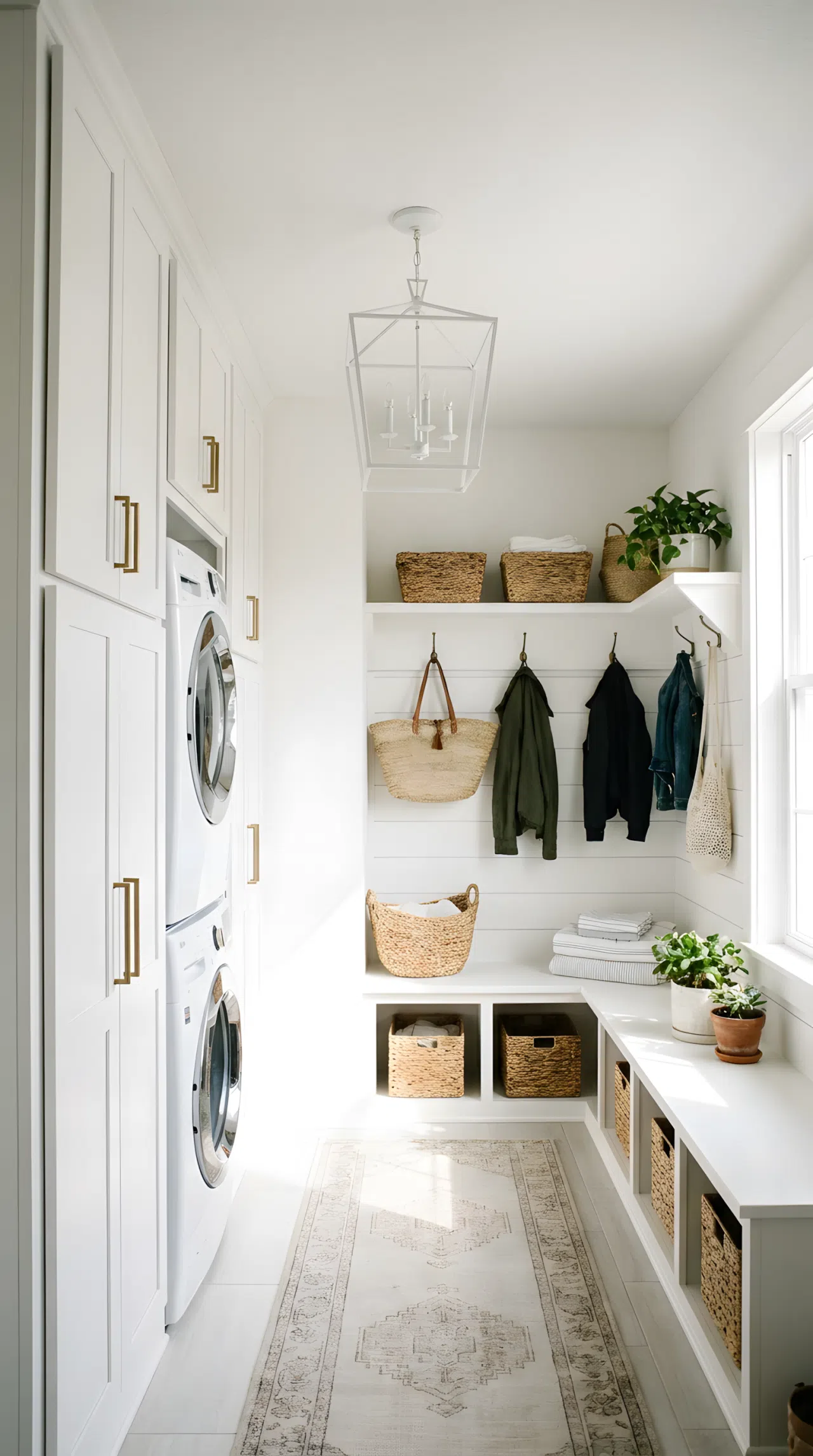 Realistic photograph of an all-white mudroom-laundry combo shown in one frame, white cabinetry hiding a washer and dryer beside a white shiplap bench wall, single geometric pendant light hanging centered between both zones. Clean, organized, beautifully arranged space with bright natural light. Authentic real-life stock photo style, no illustration or 3D render.