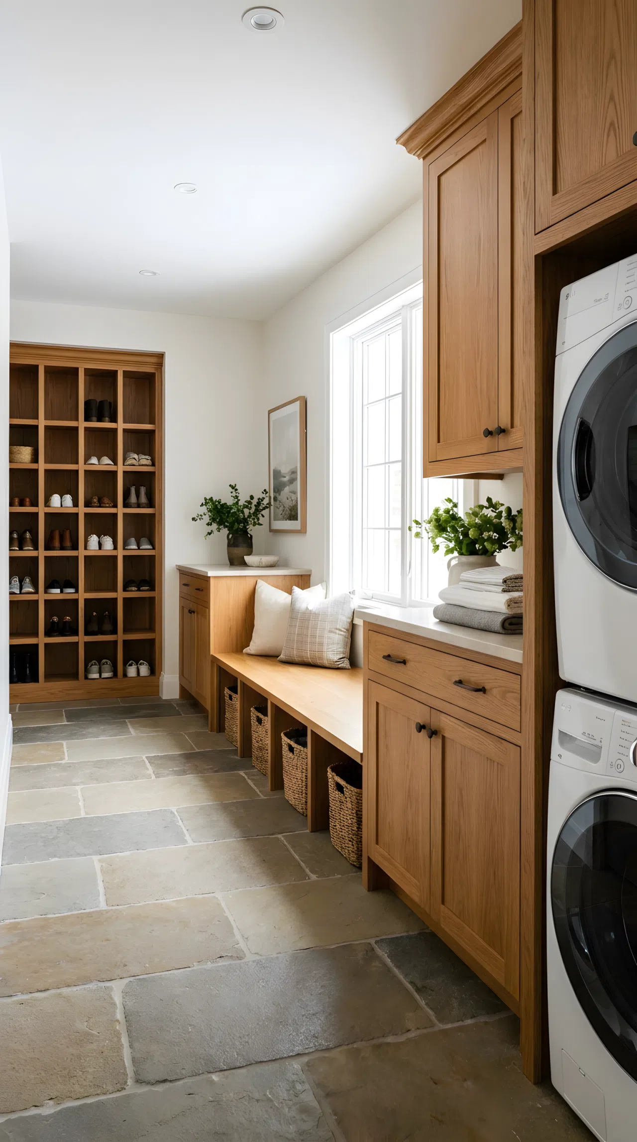 Realistic photograph of one room with stone flooring running from a shoe cubby wall past a bench and continuing under washer-dryer cabinetry with matching wood tones throughout, captured together in a single wide frame. Clean, organized, beautifully arranged space with bright natural light. Real-life stock photography, no illustration or 3D render.