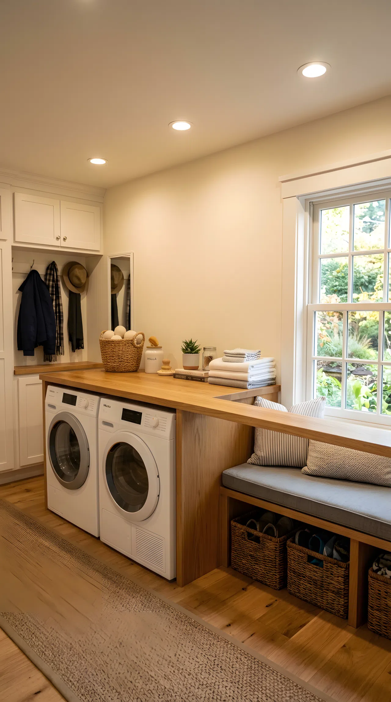 Realistic photograph of one room where recessed ceiling lights are positioned directly above a shared counter spanning both a washer-dryer folding zone and a bench seating area, casting a focused, even pool of warm light across both parts of the counter while natural light enters from a side window. Clean, organized, beautifully arranged space, real-life stock photography, no illustration or 3D render.