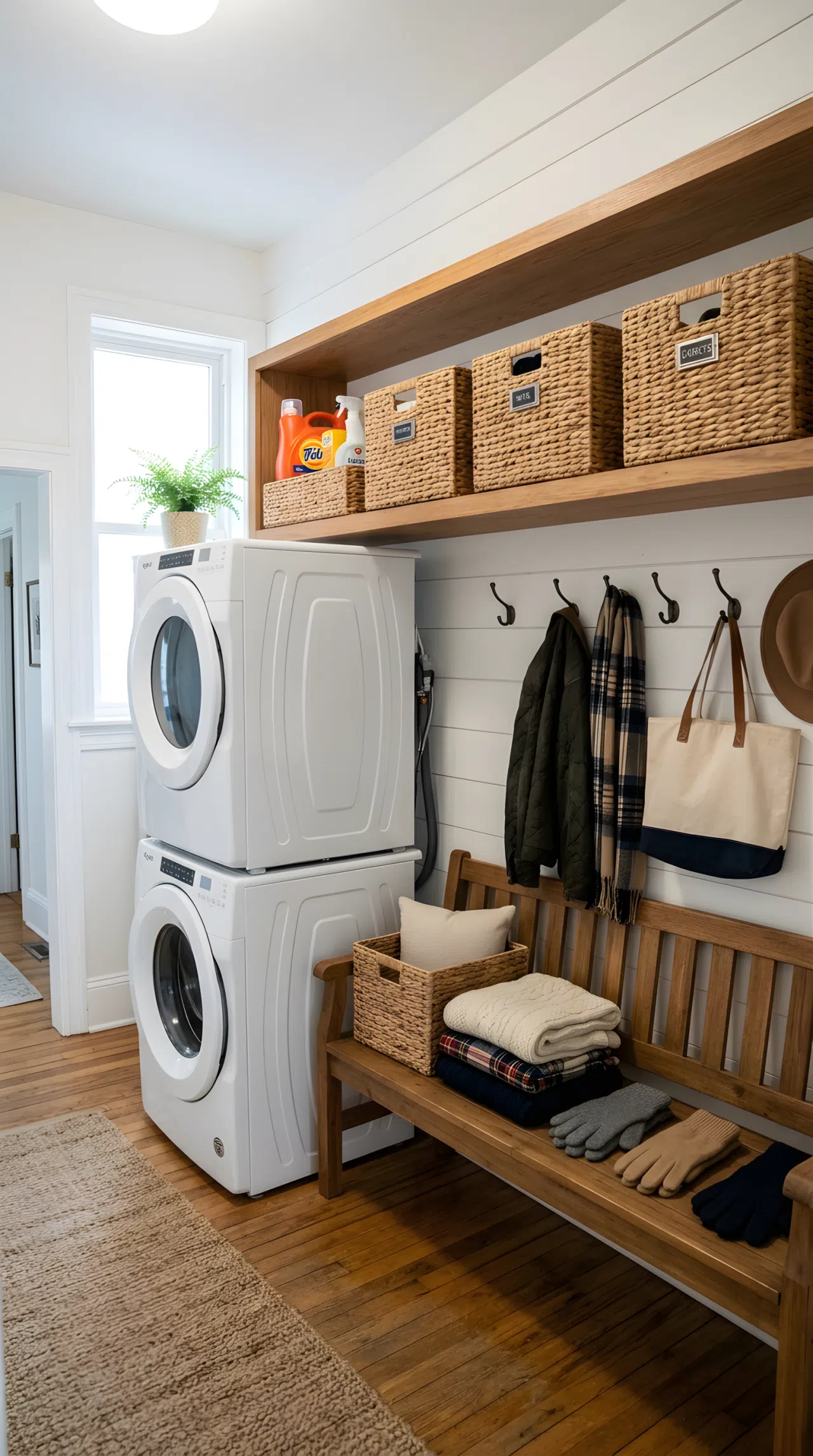 Realistic photograph of one room showing a single row of wicker baskets on open shelving above both stacked appliances and an entry bench below, detergent on one end and scarves or gloves on the other, captured in the same wide frame. Clean, organized, beautifully arranged space with bright natural light. Real-life stock photo style, no illustration or 3D render.