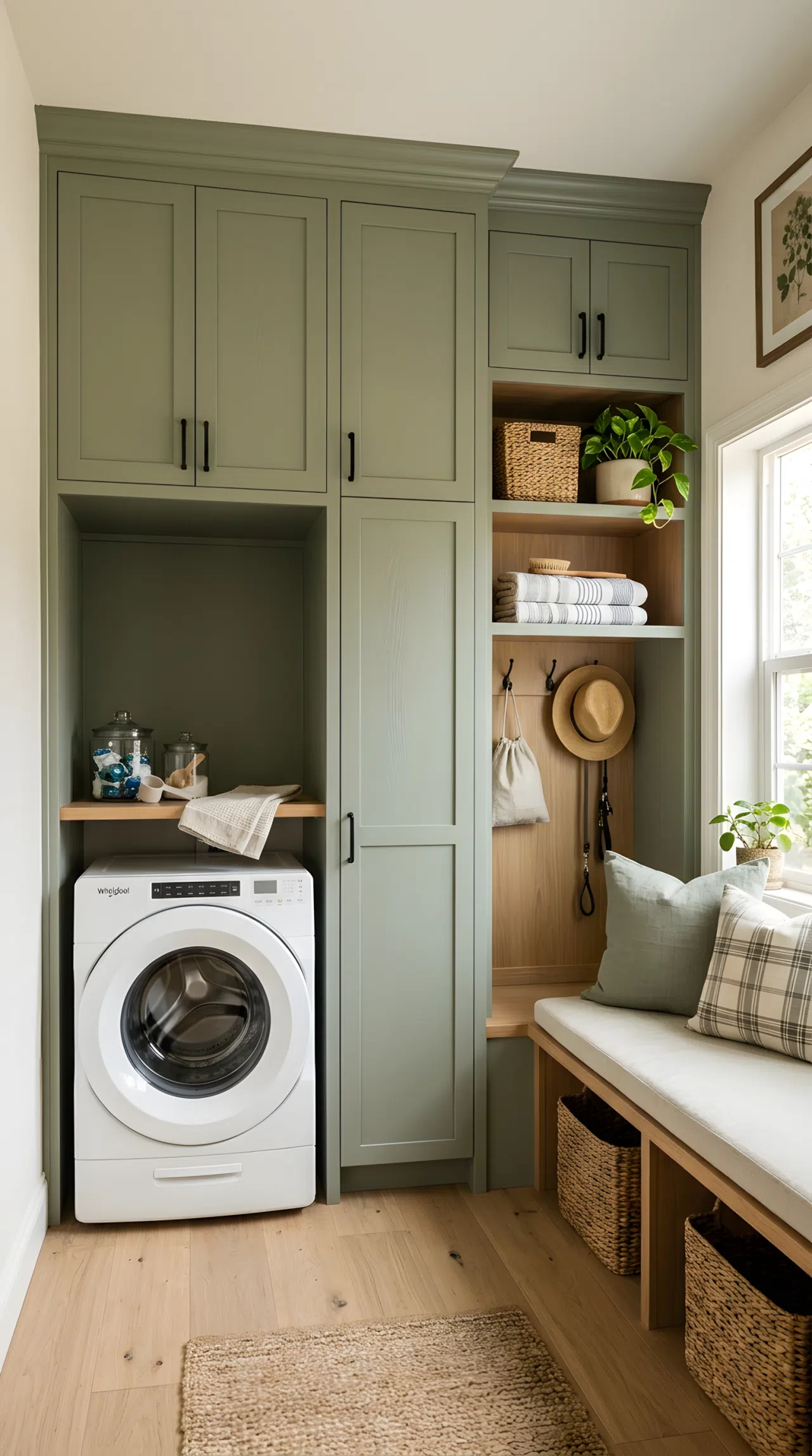 Realistic photograph of one room with muted sage green cabinetry rising to the ceiling above both a washer-dryer nook and an adjoining bench with open cubbies, same door style and pulls throughout, captured together in one frame. Clean, organized, beautifully arranged space with bright natural light. Real-life stock photography, no illustration or 3D render.