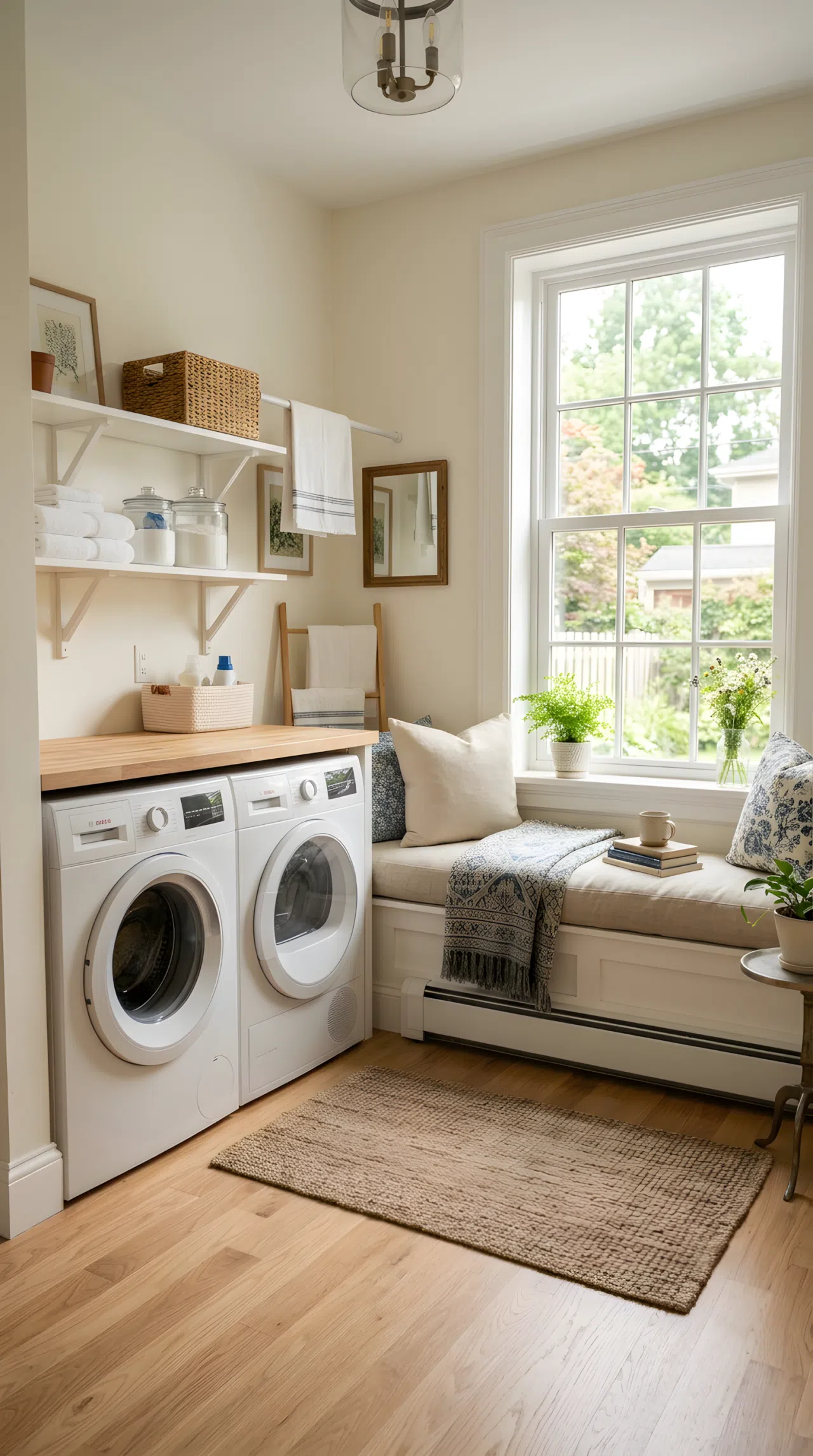 Realistic photograph of one room showing a cushioned window bench in direct sightline with a washer and dryer across the same space, natural daylight washing over both the seating nook and the appliance wall together in a single frame. Clean, organized, beautifully arranged, welcoming space. Authentic real-life stock photo style, no illustration or 3D render.