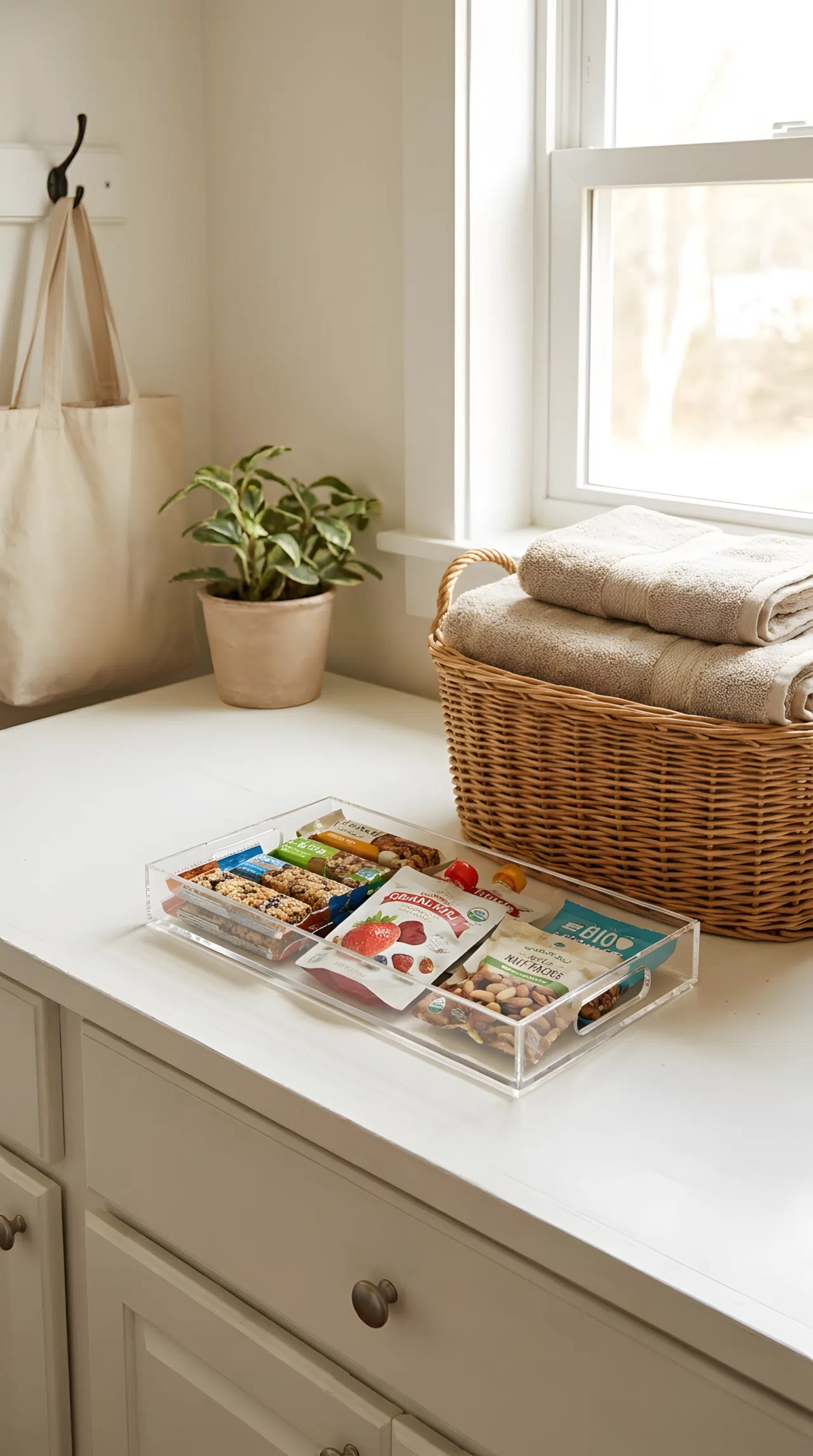 A realistic stock photo focusing on a bright white wooden laundry countertop. A small transparent acrylic tray filled with granola bars and healthy snacks sits next to a neat wicker laundry basket. Pinterest-style, organized, clean daylight, authentic home setting.