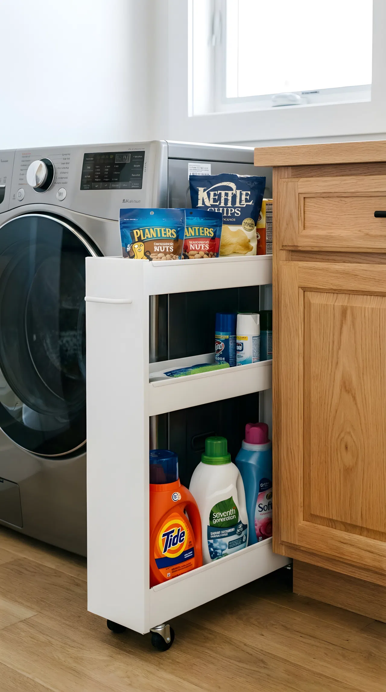 A close-up photograph of a slim, white vertical rolling utility cart slotted neatly between a modern washing machine and a wooden cabinet. The top shelf holds bags of chips and nuts, while the bottom shelf holds laundry detergent. Real-life interior photography, crisp, tidy.