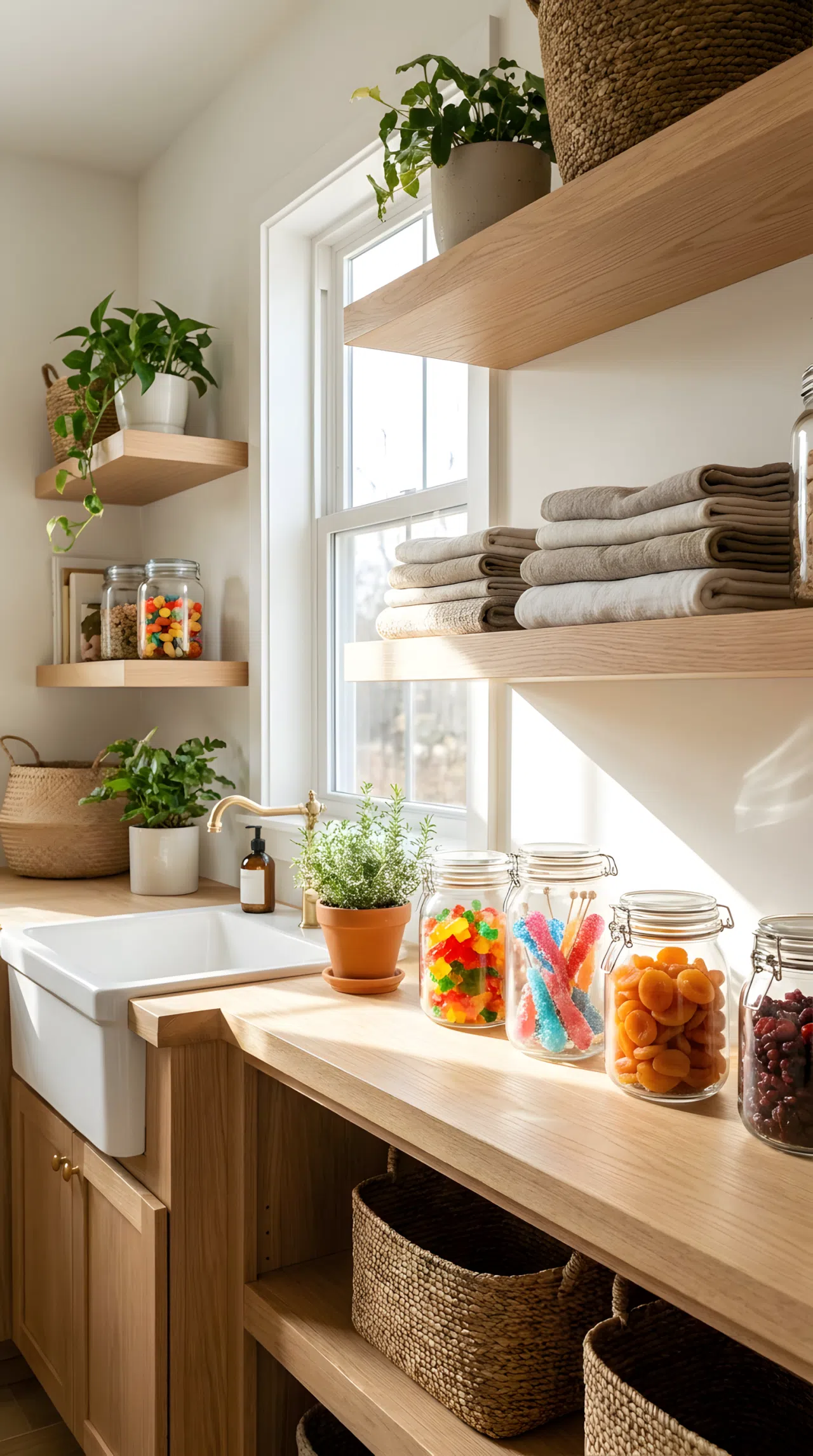 A stock photo of open floating wooden shelves in a bright utility room. Elegant, clear glass jars are filled with colorful candies and dried fruits, standing neatly next to folded linen towels. Bright, aesthetic, Pinterest-ready, realistic home interior.