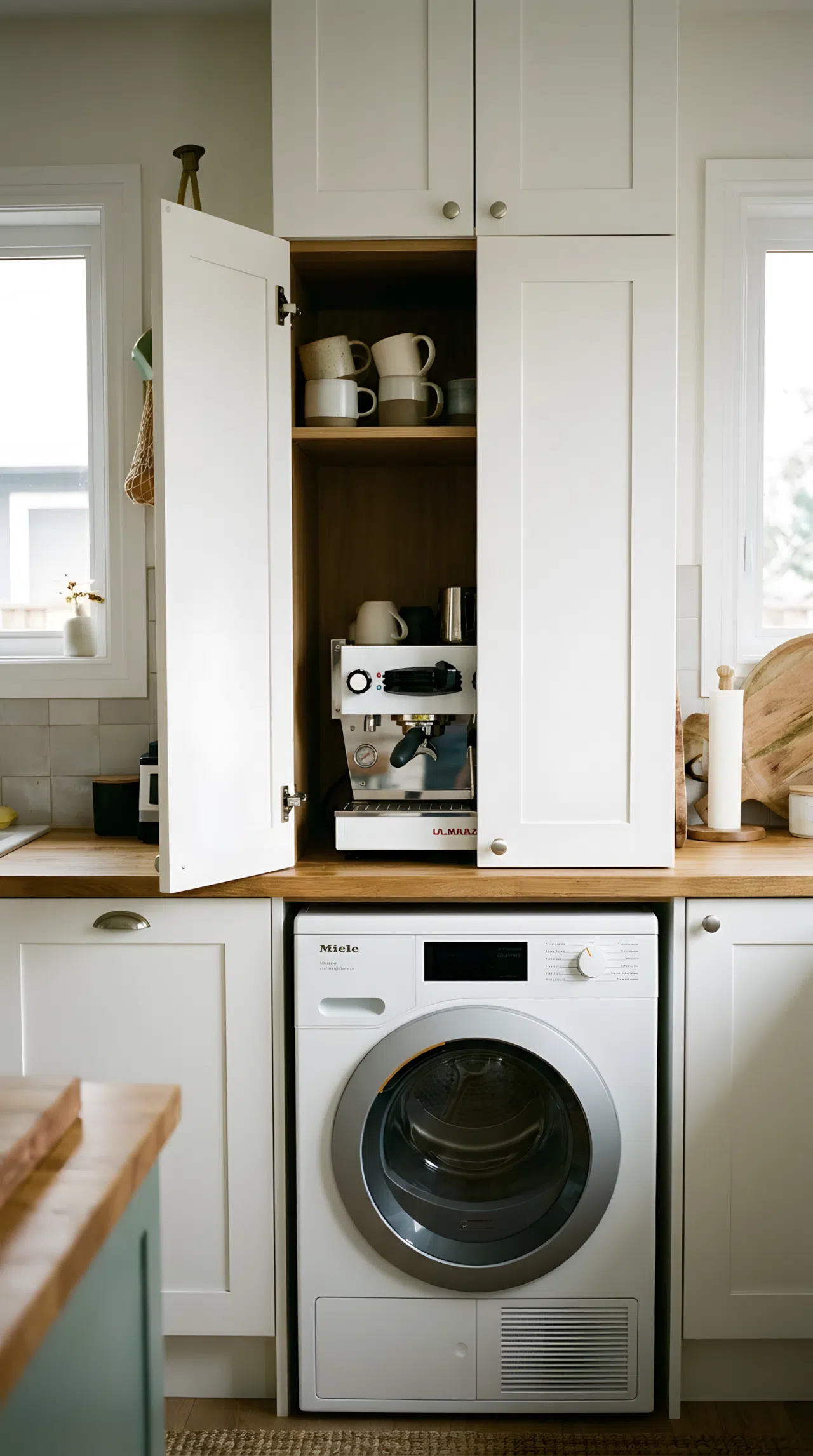 An authentic photograph of an elegant white cabinet door pulled open to reveal a premium espresso machine sitting next to neatly stacked coffee mugs, located directly above a modern clothes dryer. Clean lines, real-life home aesthetic, organized.