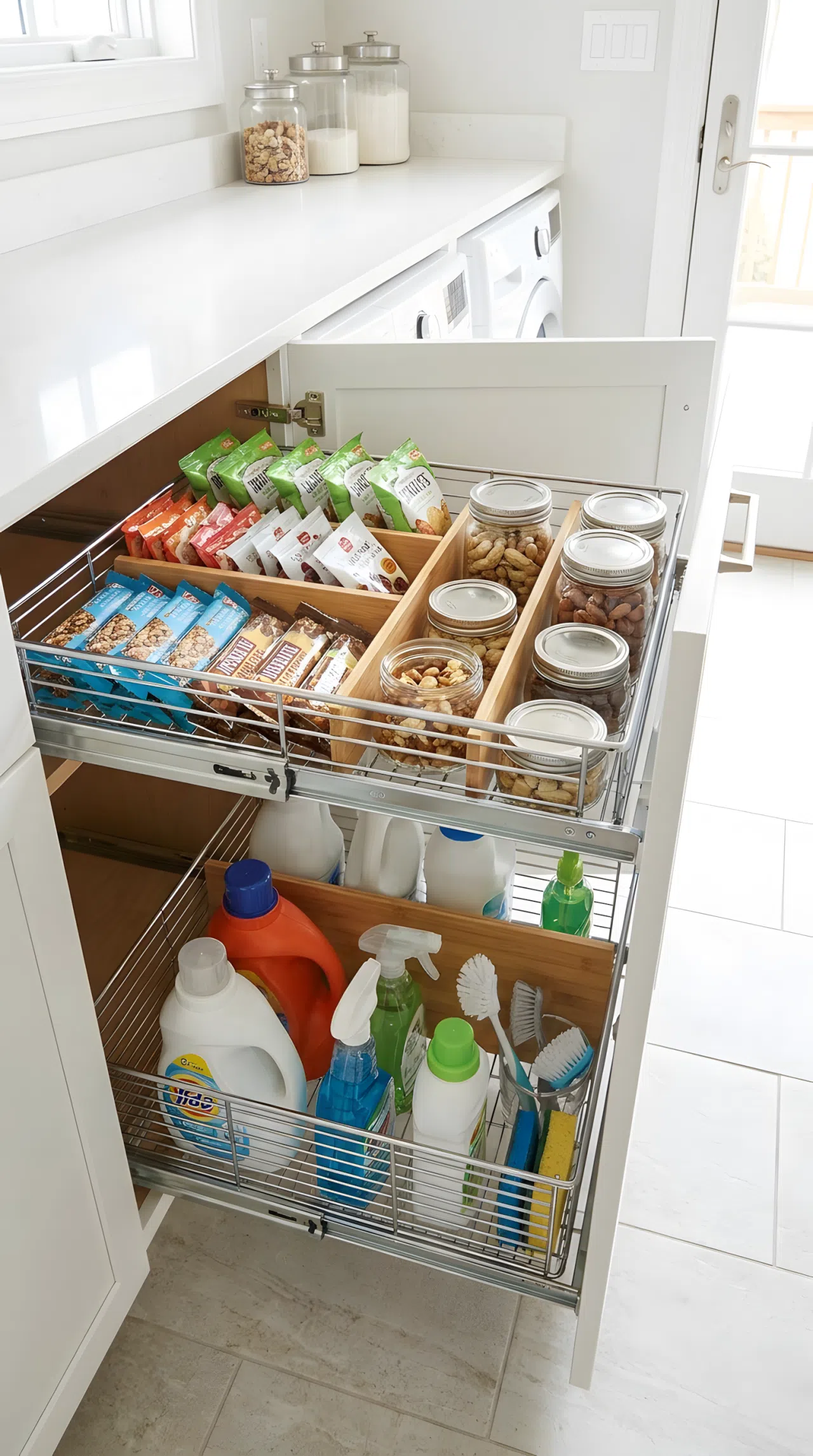 A high-angle photograph looking into a deep, open pull-out wire basket drawer inside a laundry cabinet. The top section is filled with organized snack packs and nuts, separated neatly from cleaning supplies. Bright, clean, real-life utility room.