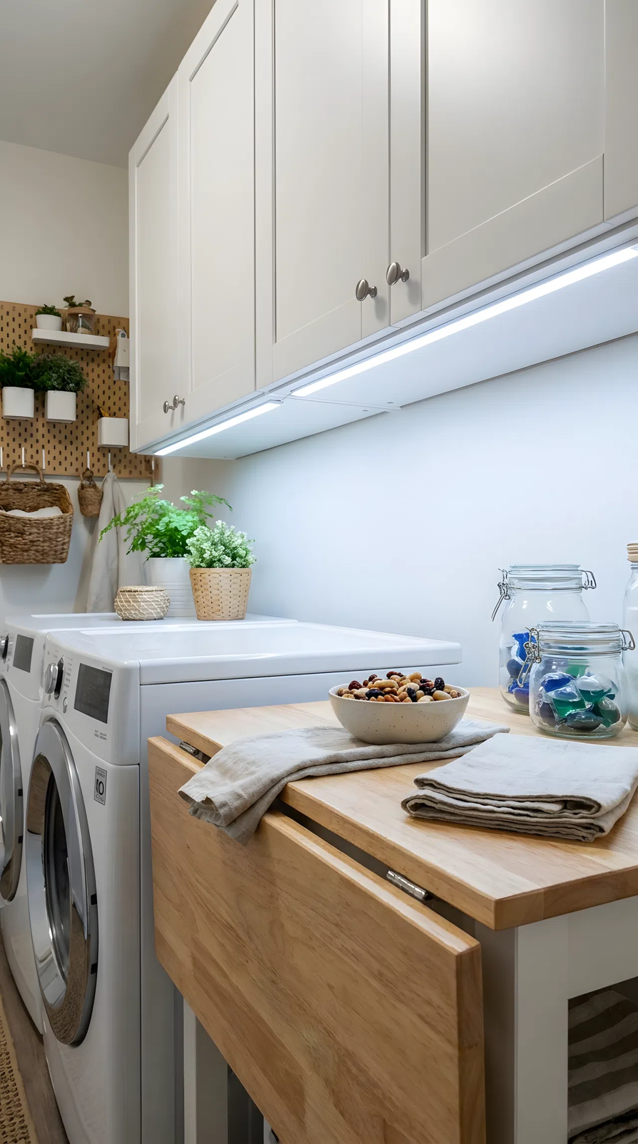 A stock photo of a laundry room workspace. Energy-efficient LED light strips are mounted directly underneath the upper cabinets, casting a clear, bright light downward onto a wooden folding counter and a ceramic bowl of snacks. No shadows on the workspace, realistic lighting placement, Pinterest-ready.