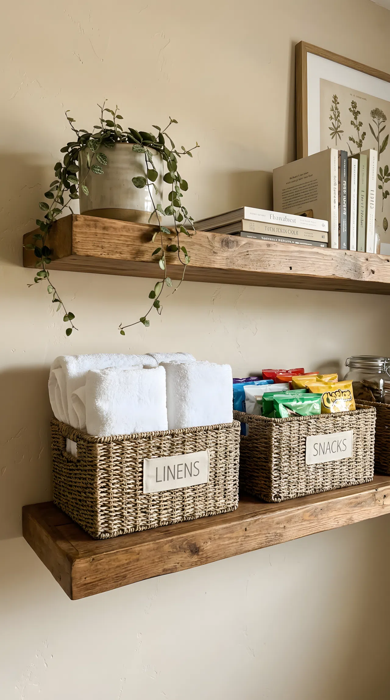 A realistic stock photo of floating wooden shelves against a soft beige wall. Labeled wicker baskets sit side-by-side, one filled with freshly folded white linens and the other with organized snack pouches. Pinterest aesthetic, clean, authentic home photography.