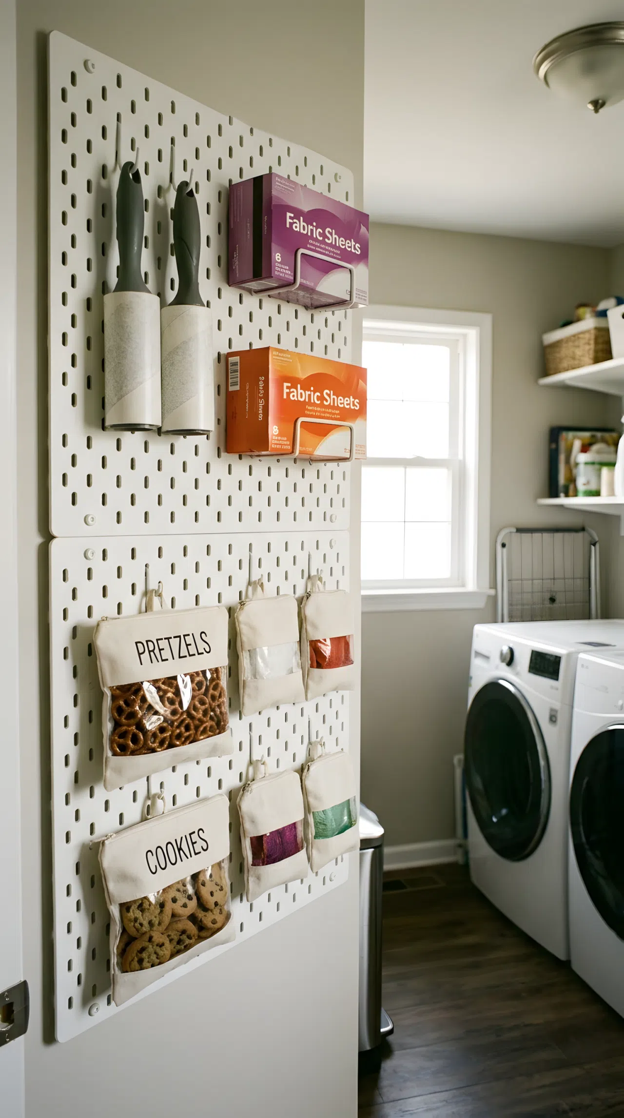 A photograph of a modern white pegboard mounted on a utility room wall. Small wire hooks hold lint rollers and fabric sheets alongside small hanging pouches of pretzels and cookies. Highly organized, real-life, practical interior photography.