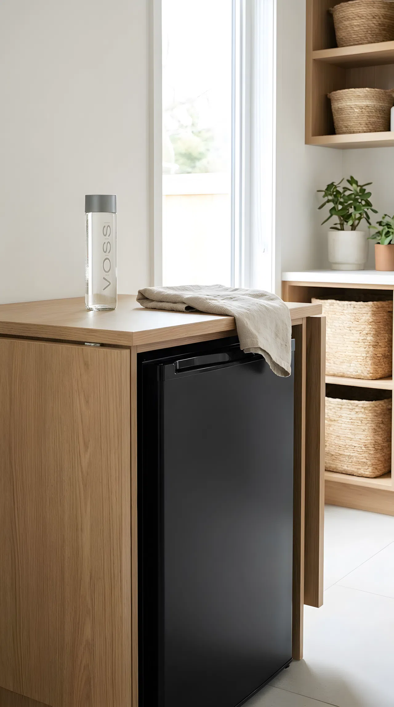 A stock photo of a sleek, matte black mini-fridge tucked perfectly beneath a light oak laundry folding counter. A glass bottle of sparkling water rests on the counter next to a folded towel. Clean, modern, real-life home setup.