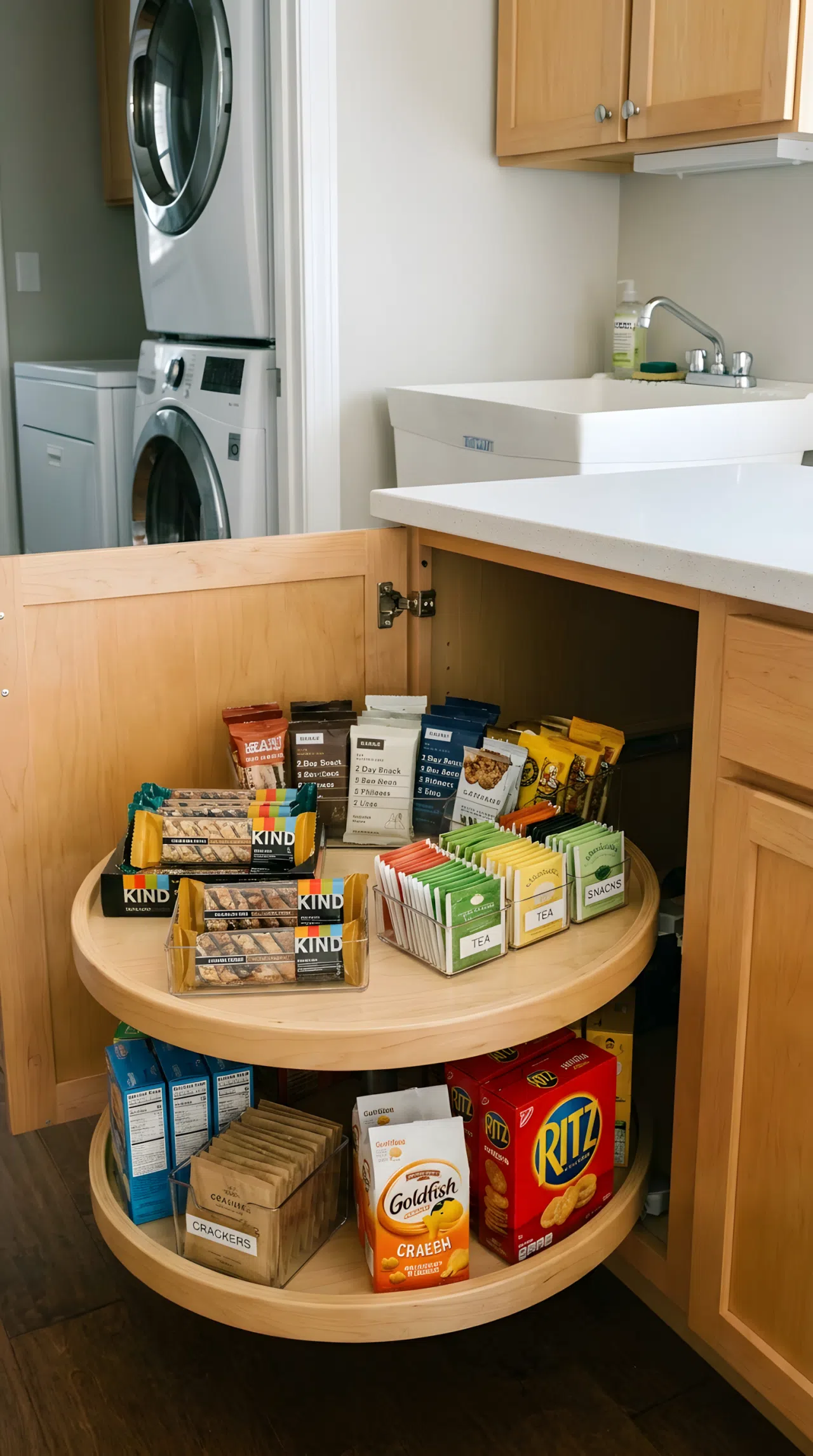 A photograph looking inside an open corner kitchen cabinet in a laundry area. A smooth wooden Lazy Susan turntable is filled with neatly arranged snack bars, tea bags, and small cracker boxes. Easy access, highly organized, realistic kitchen storage.