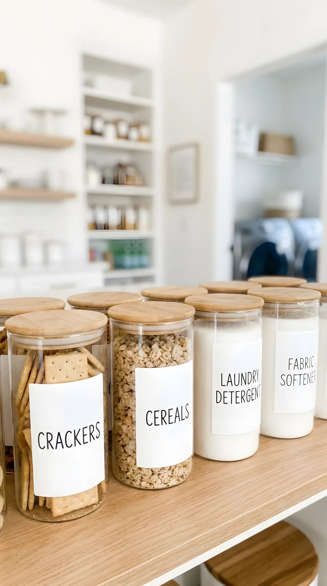A close-up stock photo of uniform, airtight glass containers with clean minimalist labels for 'Crackers' and 'Cereals', standing perfectly arranged next to matching aesthetic detergent bottles on a shelf. Bright, neat, Pinterest-ready photography.