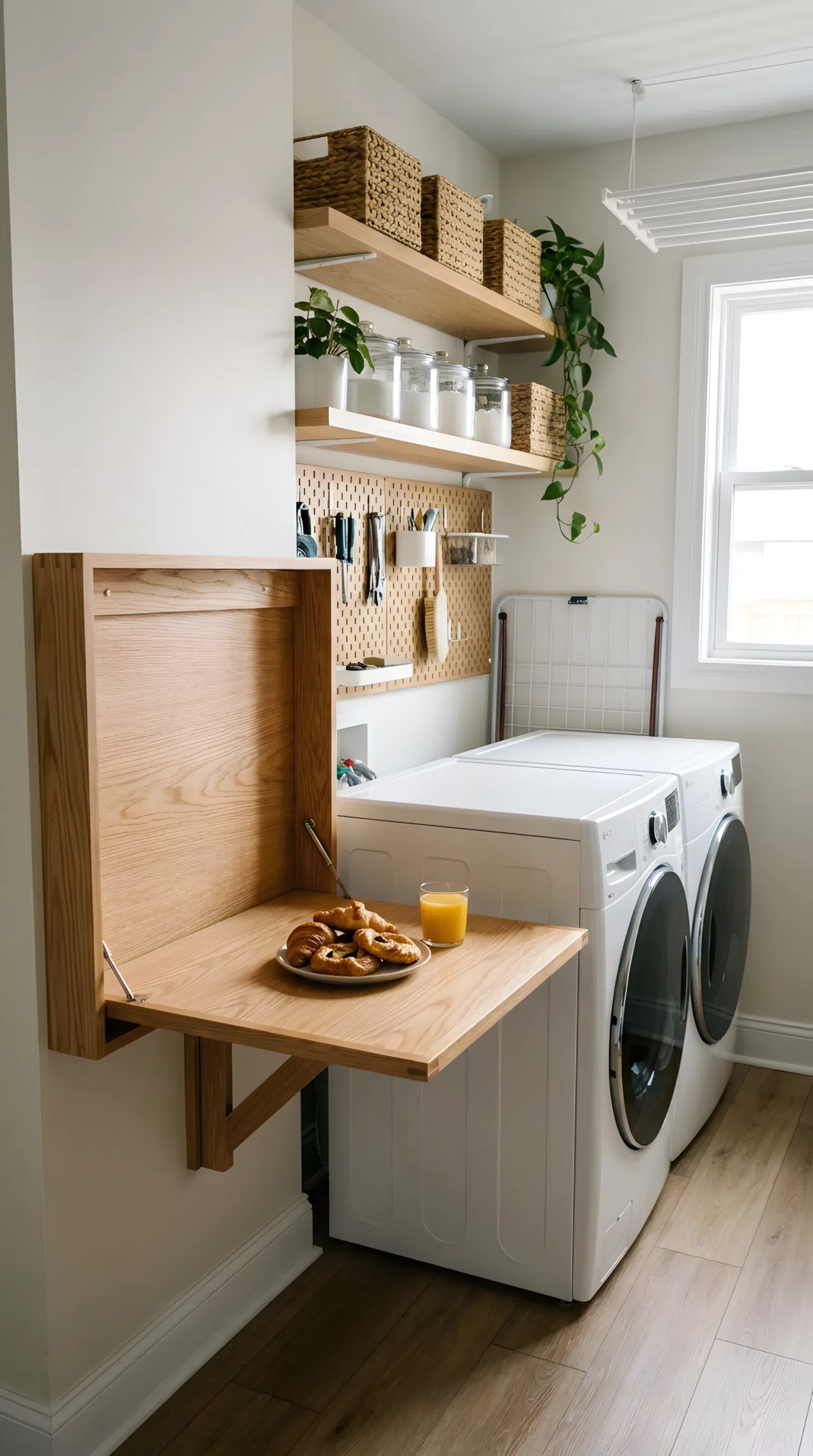 A real-life photograph of a functional laundry space featuring a wall-mounted fold-down wooden table. A small plate of pastries and a glass of juice rest on the table, which is set up next to a washing machine. Space-saving, clean, aesthetic.