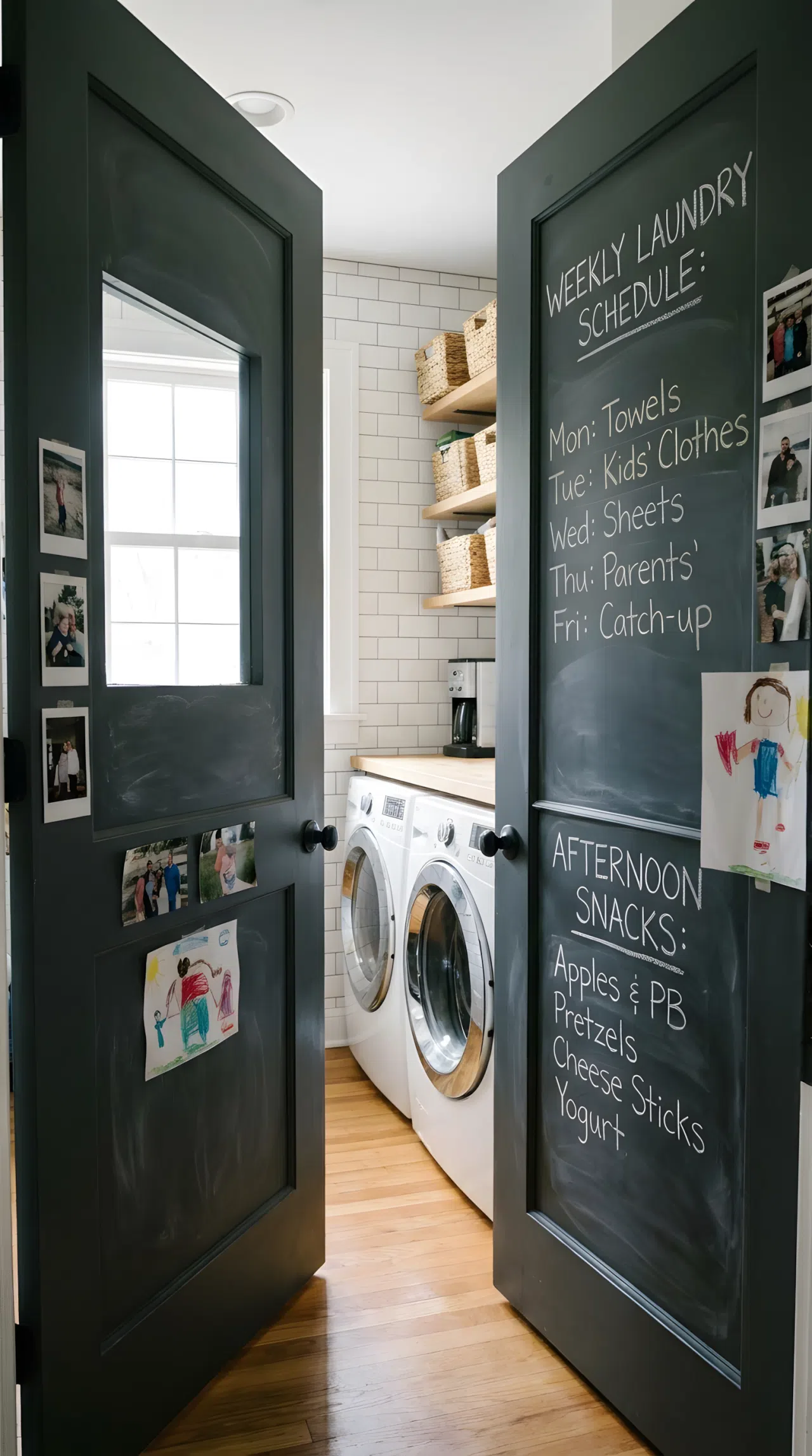 A stock photo of a dark gray pantry door coated in chalkboard paint. The door features a neatly written family laundry schedule and a list of afternoon snacks. Bright laundry room setting, real-life family home charm.