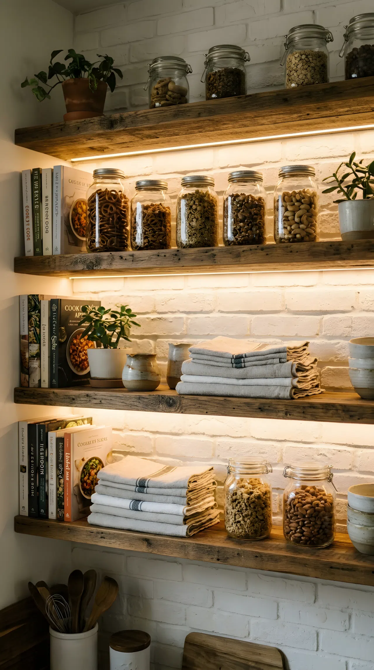 A beautiful stock photo of floating shelves. Hidden LED light strips are installed behind the rear edges of the shelves, casting a warm, soft glow backward against the white brick wall, silhouetting glass snack jars and neat towels. Dramatic indirect lighting position, cozy Pinterest aesthetic.