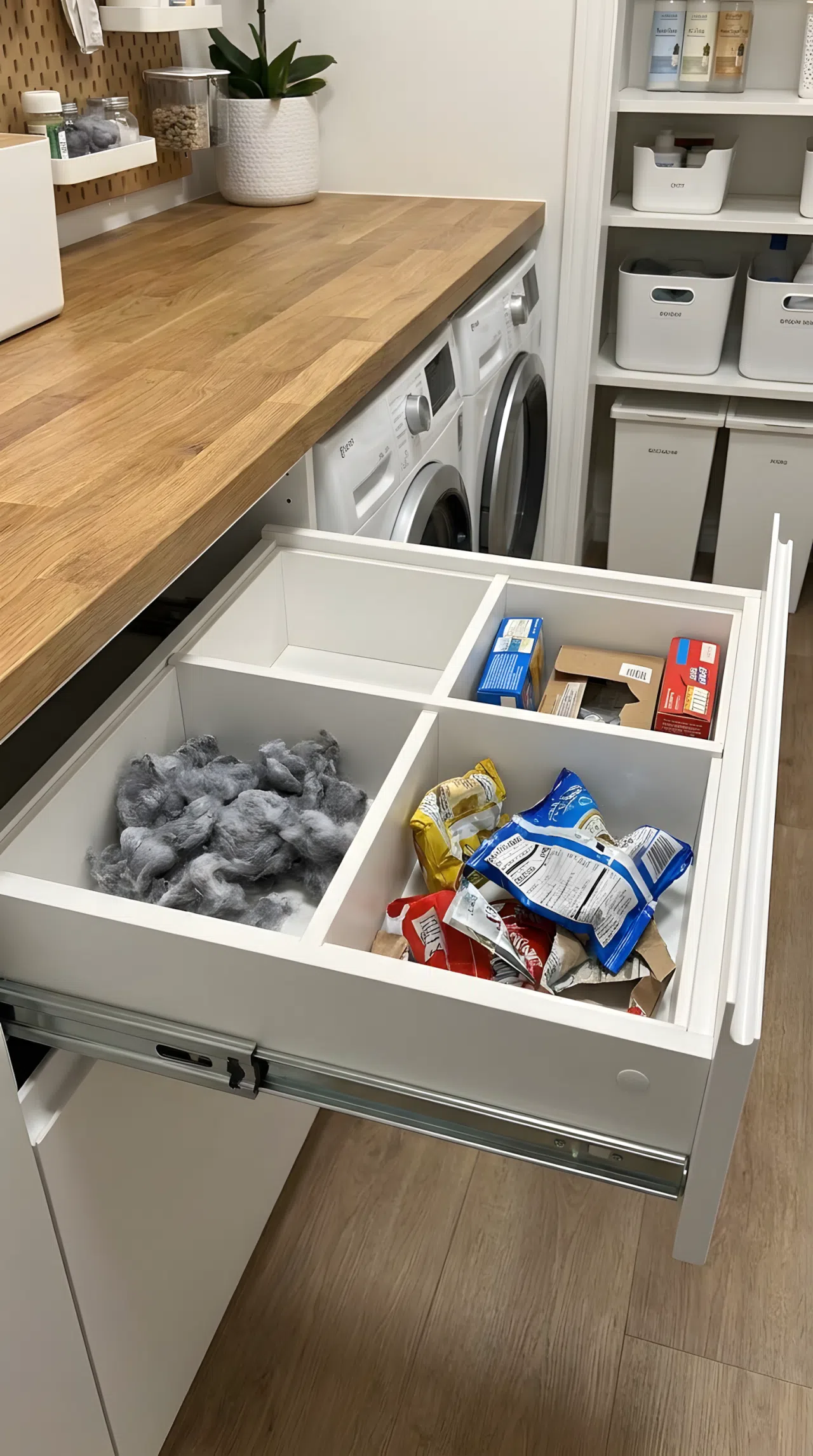 A photograph of a dual-compartment pull-out drawer under a laundry counter. One side contains discarded dryer lint and the other side contains empty snack wrappers. Clean, organized, real-life household utility setting.