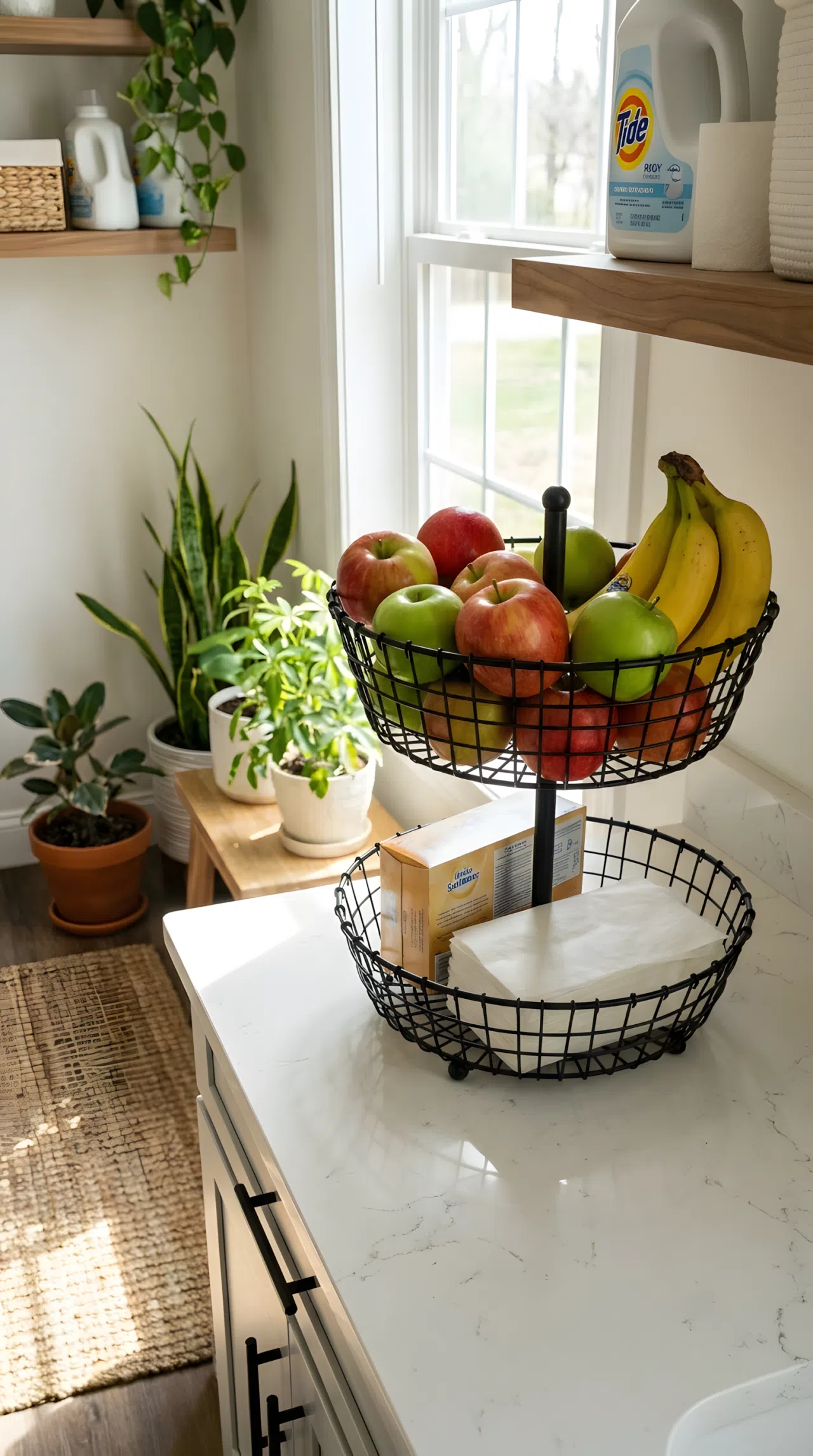 A stock photo of a two-tiered black wire basket sitting on a white laundry countertop. The top tier holds fresh apples and bananas, while the bottom tier holds fabric softener sheets. Bright, sunny, authentic home decor.