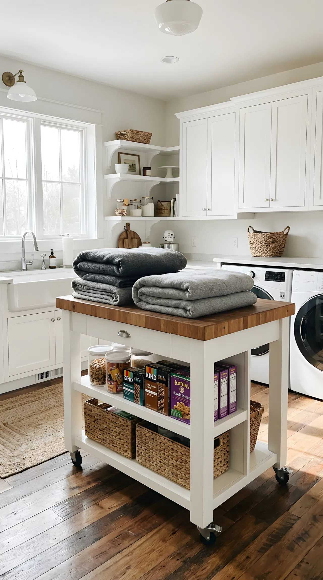 A real-life photograph of a spacious utility room with a white mobile kitchen cart in the center. The cart's wooden top is used for folding large gray blankets, while the lower shelves hold organized snack boxes. Bright, functional, Pinterest-style.