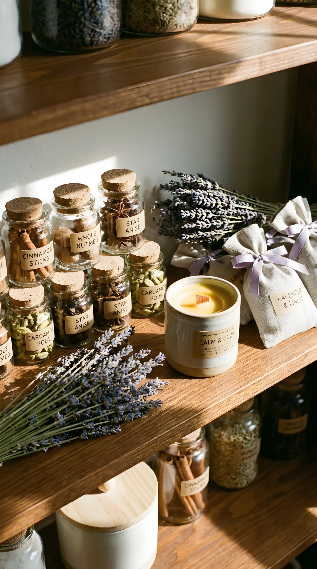 A close-up photograph of a decorative top shelf. Small glass jars of baking spices like cinnamon are arranged neatly next to lavender-scented fabric softeners and an aromatherapy candle. Aesthetic, clean, real-life sensory home setup.