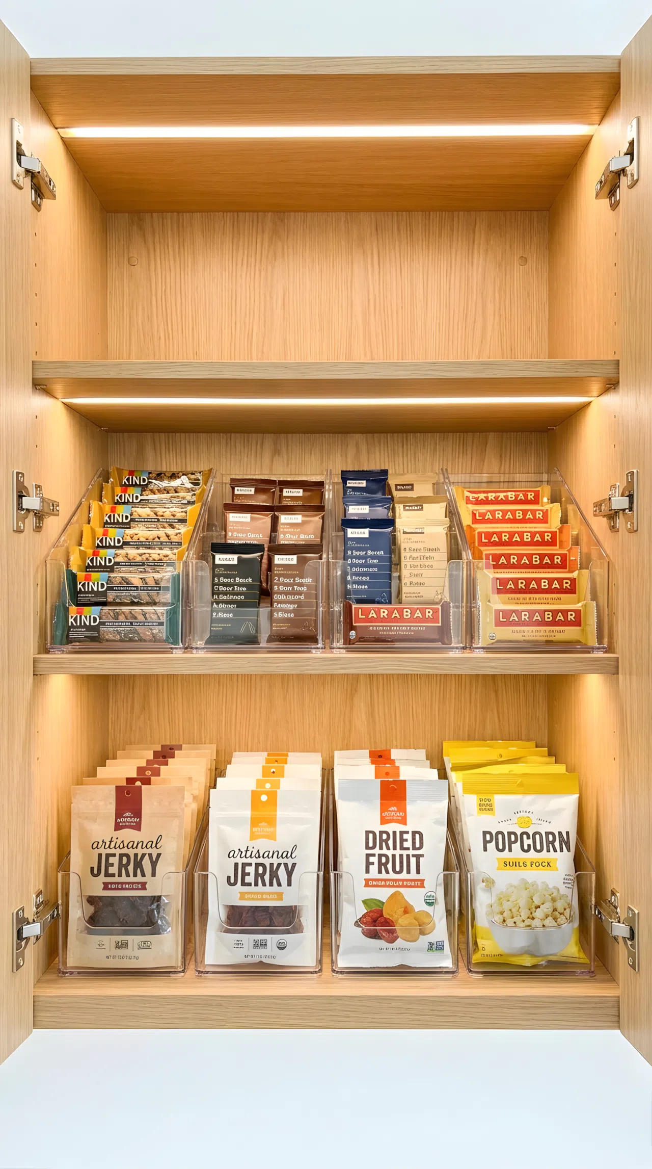 A stock photo looking inside an upper cabinet fitted with clear acrylic dividers. Different varieties of snack bars and snack bags are separated into perfect, visible rows. Modern, high-end organization, clean photography.