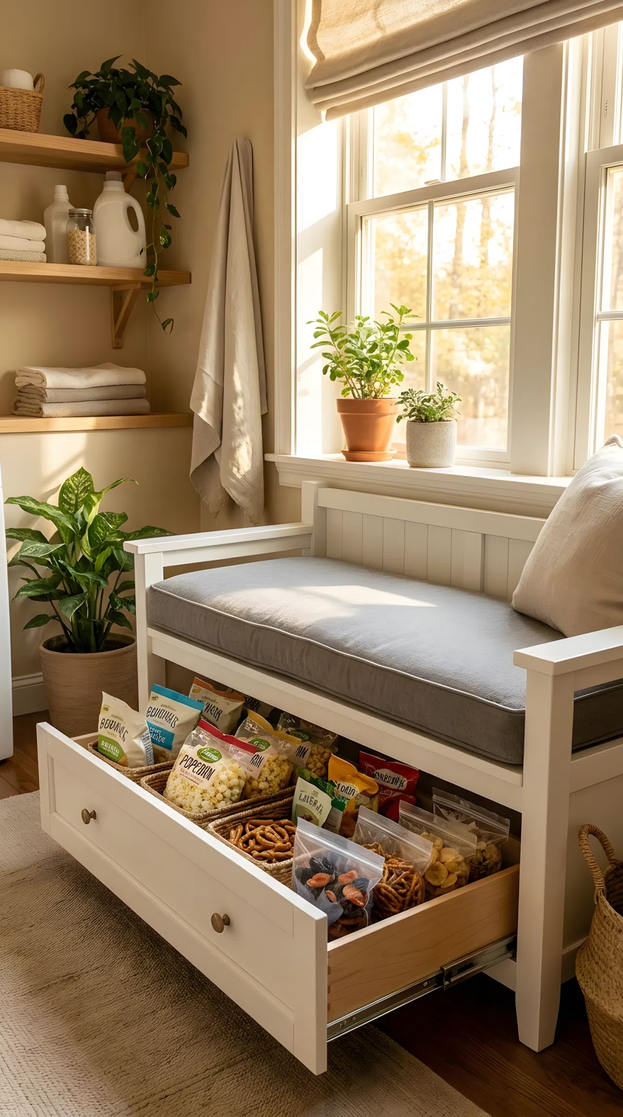 A realistic stock photo of a cozy white wooden bench with a gray cushion placed under a sunlit window in a laundry room. A built-in lower drawer is pulled open slightly, showing bulk snack bags stored neatly inside. Warm, relaxing home interior.