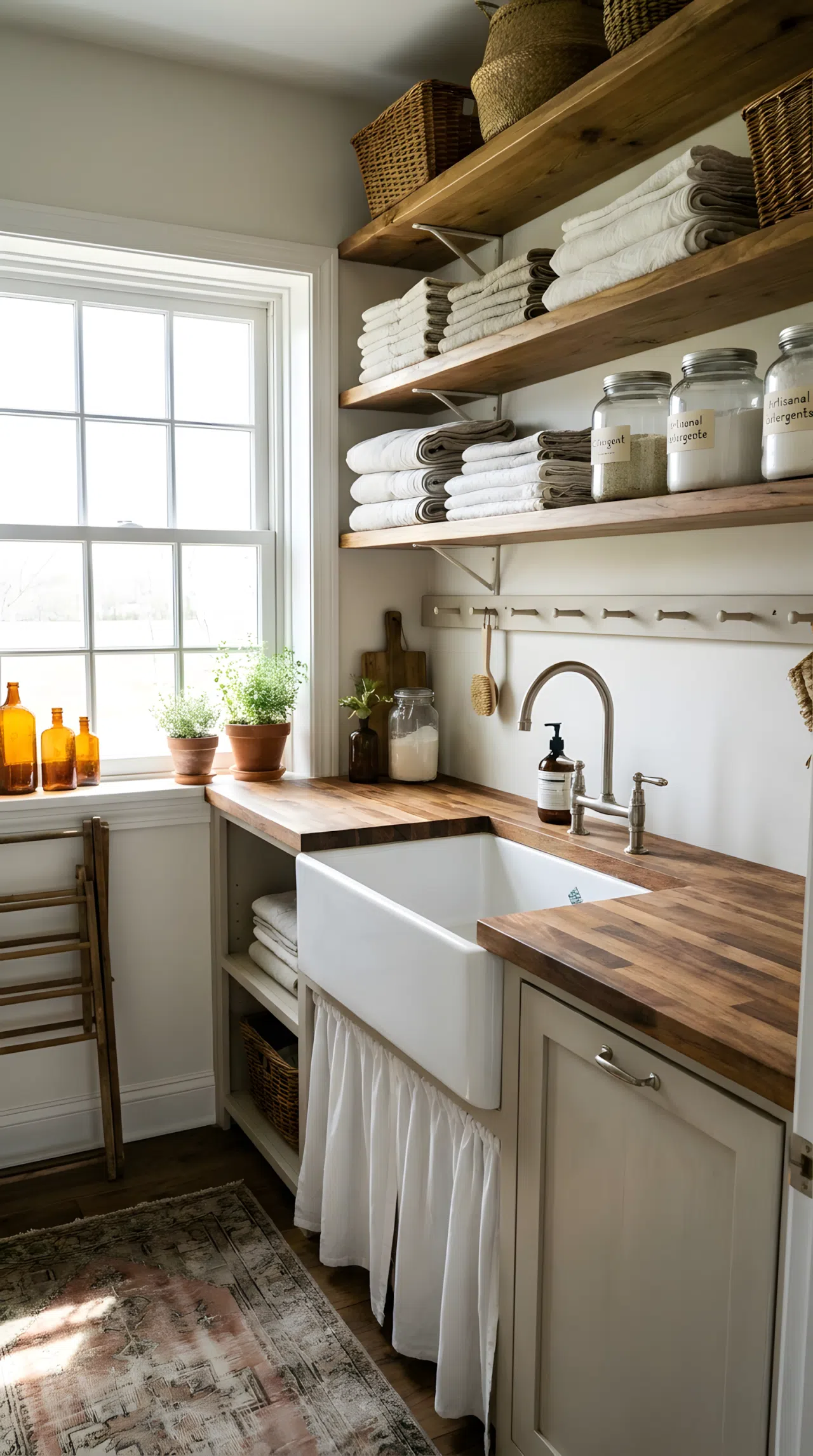 Realistic photograph of a farmhouse apron-front laundry room sink with a butcher block counter, neatly made open shelving above with folded linens, beautifully arranged detergent bottles, organized and clean surfaces, bright natural light streaming through a nearby window, cozy home laundry room, no people.