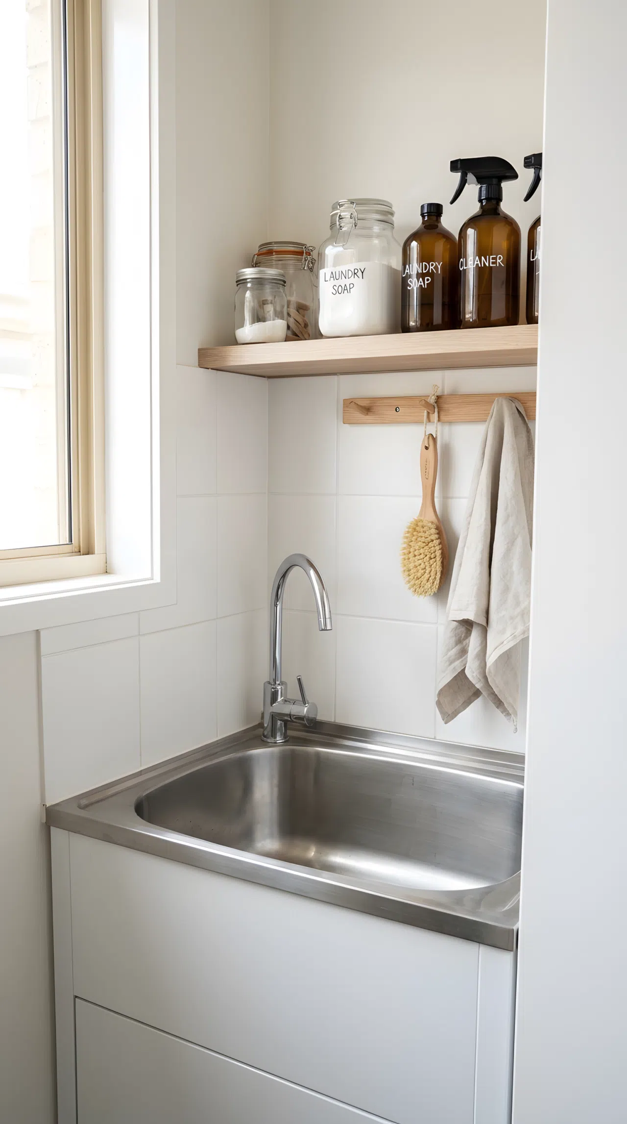 Realistic photograph of a compact corner utility sink in a small laundry room, neatly made narrow shelf above with organized detergent bottles, beautifully arranged hanging scrub brush on a hook rail, clean stainless finish, bright natural light, tidy real-life home setting, no people.